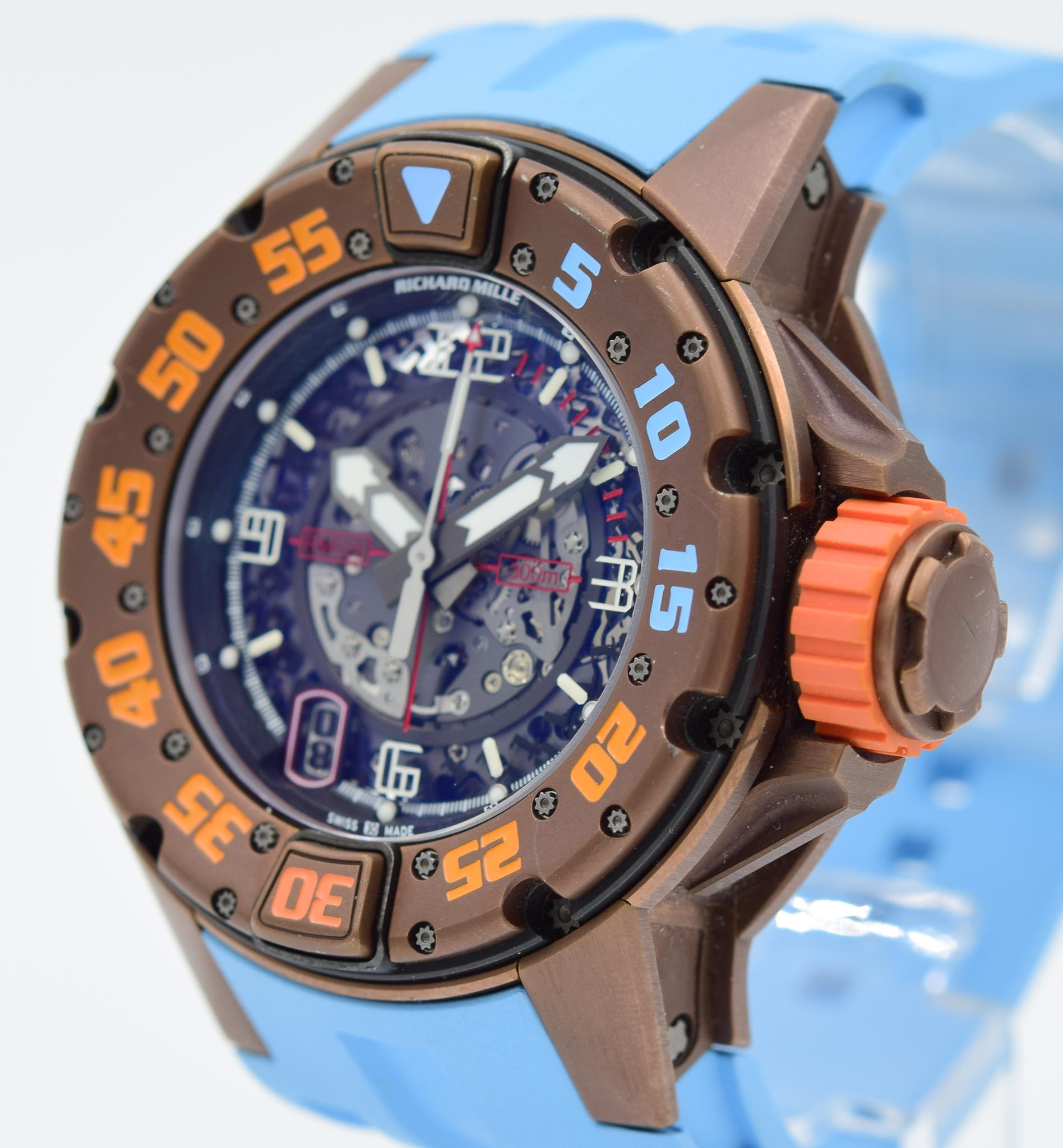 This Richard Mille has recently come to the store on trade and is in excellent condition!  This will come with a total of four strap options: Brown, Blue, Orange and White.  The watch boasts an incredible double-barrel in-house movement with a 55