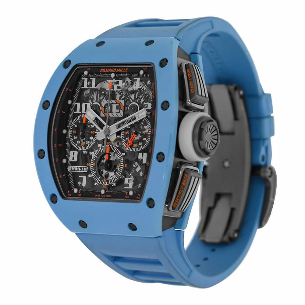 Richard Mille RM 011 Reference #:RM011. This is the magnificent Richard Mille Felipe Massa Flyback Chronograph Watch in Ceramic and Titanium.The iconic bright blue Last Edition of the Richard Mille RM 011 is a limited production piece with only 50