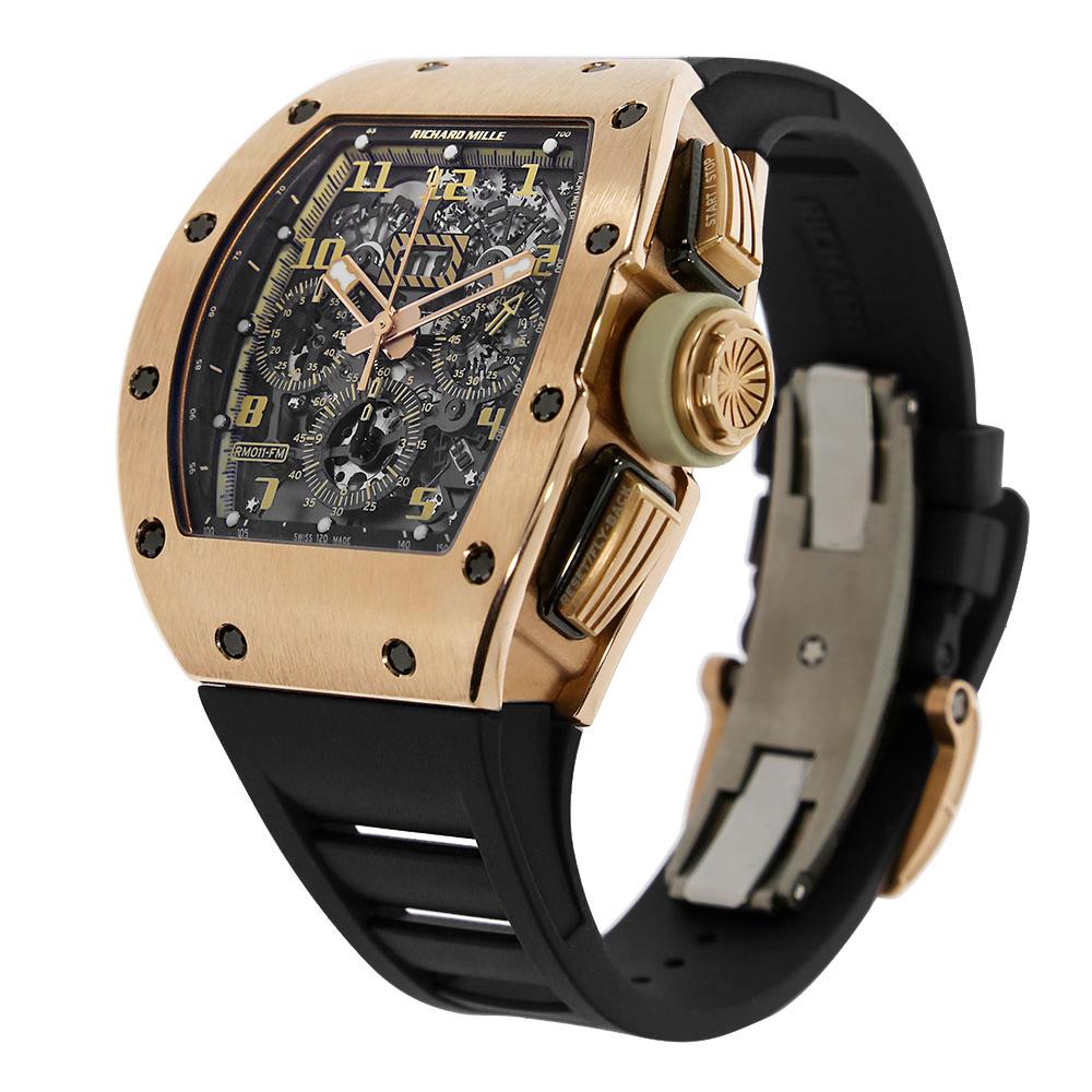 Richard Mille combined the beauty of animalistic ivory with luxurious rose gold for an RM011 that no one can resist. This RM-011 features a rose gold, tonneau case that is 49.94 x 44.50 mm in dimension and comes assembled with 20 grade 5 titanium