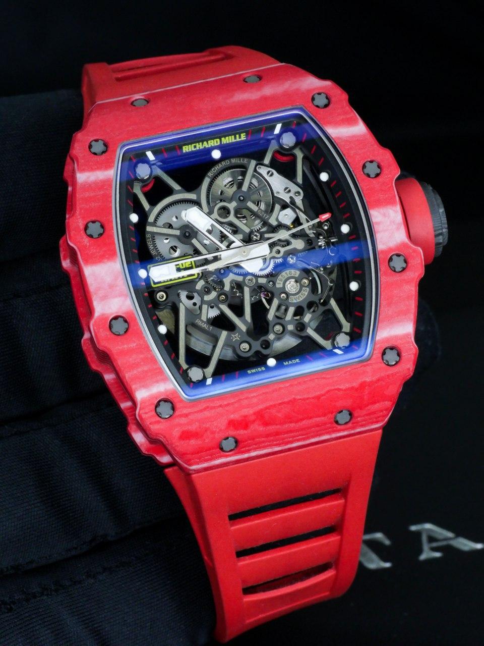 Richard Mille RM 035-02 Rafael Nadal

Richard Mille created this exotic watch for tennis superstar Rafael Nadal in red Quartz-TPT,  an exclusive material made only for Richard Mille. 

The case measures 49.94 mm at the case center and 44.5 mm where