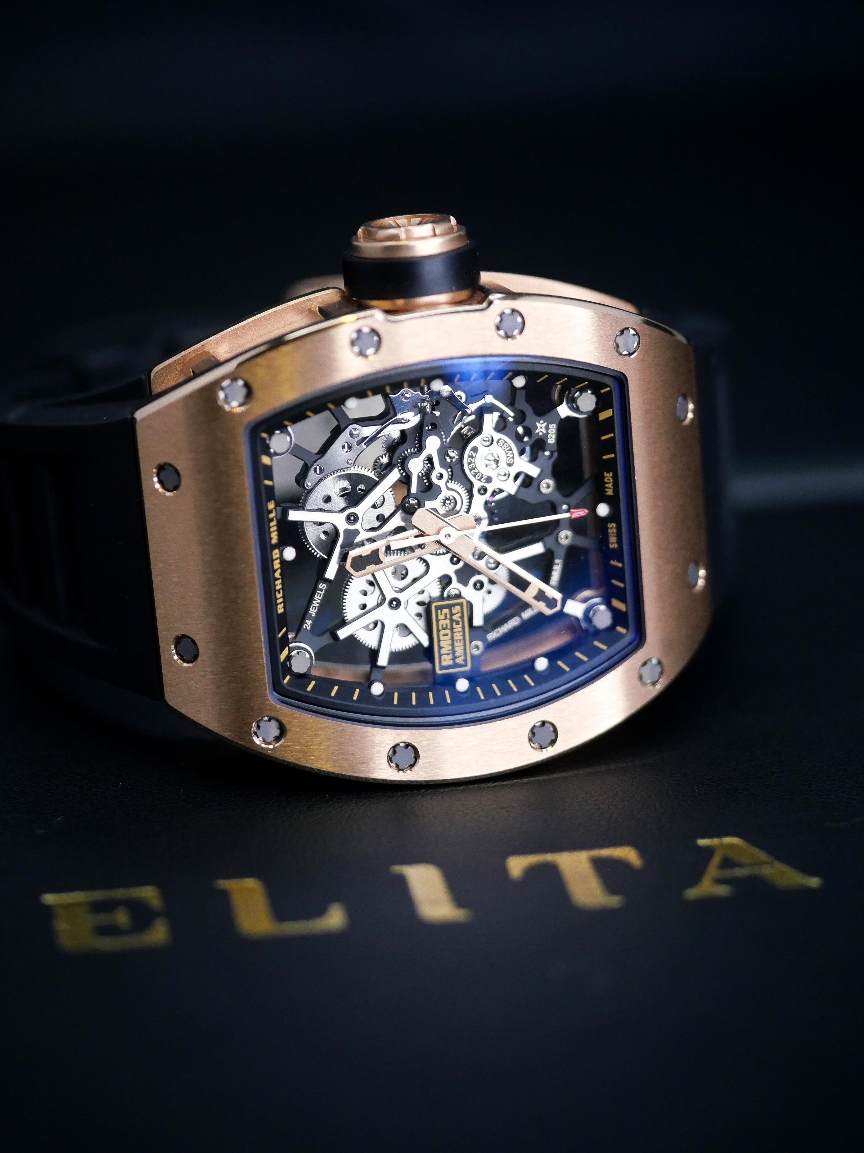 Richard Mille RM 035 Gold Toro 

Satin-finished 18K red gold forms the tripartite, tonneau-shaped case of the new Richard Mille RM 035 Gold Toro. The watch's crown, buckle and hands are also crafted in the precious metal. Presented on a black rubber