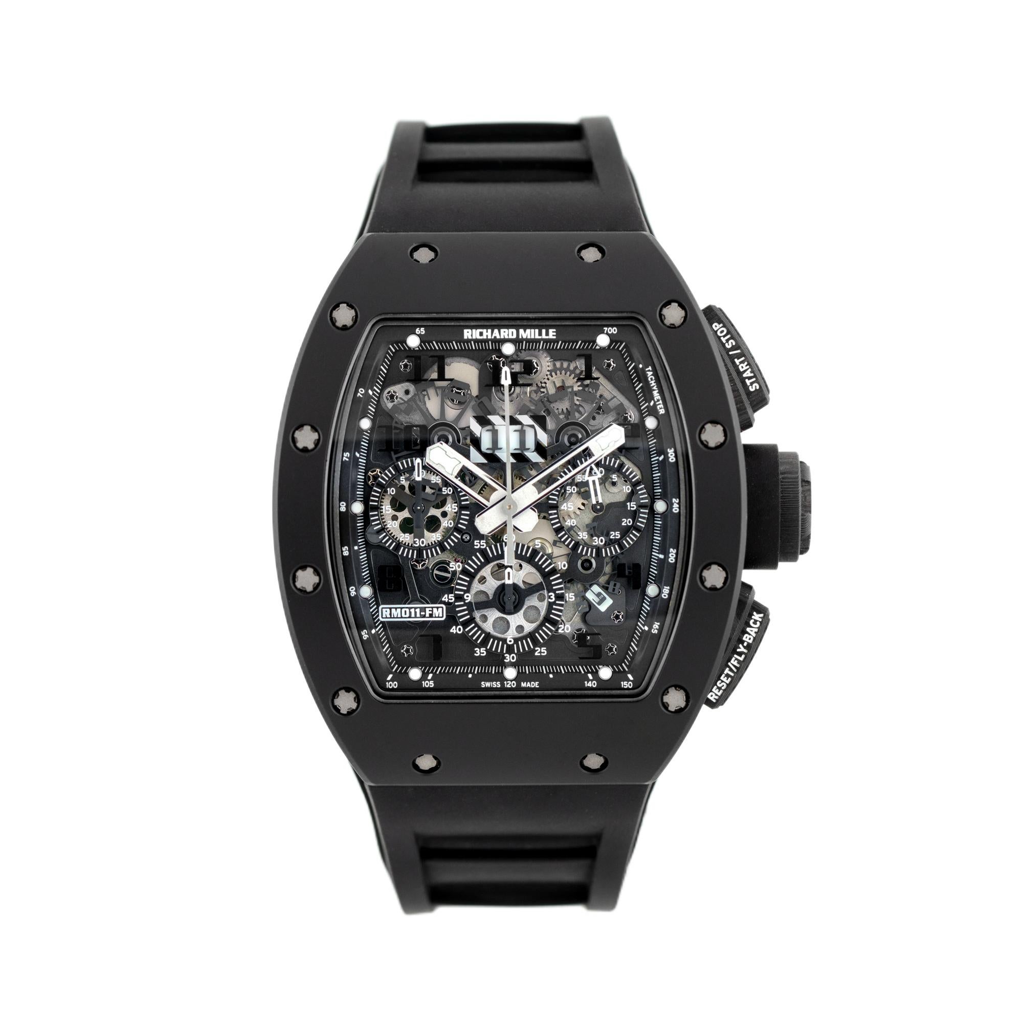 Brand: Richard Mille
MPN: RM 011
Model: Black Phantom
Case Material: Black TZP ceramic
Case Diameter: 40mm
Crystal: Sapphire Crystal
Bezel: Black TZP ceramic
Dial: Skeleton chronographic dial
Bracelet: Black Rubber bracelet
Size: Adjustable
Clasp: