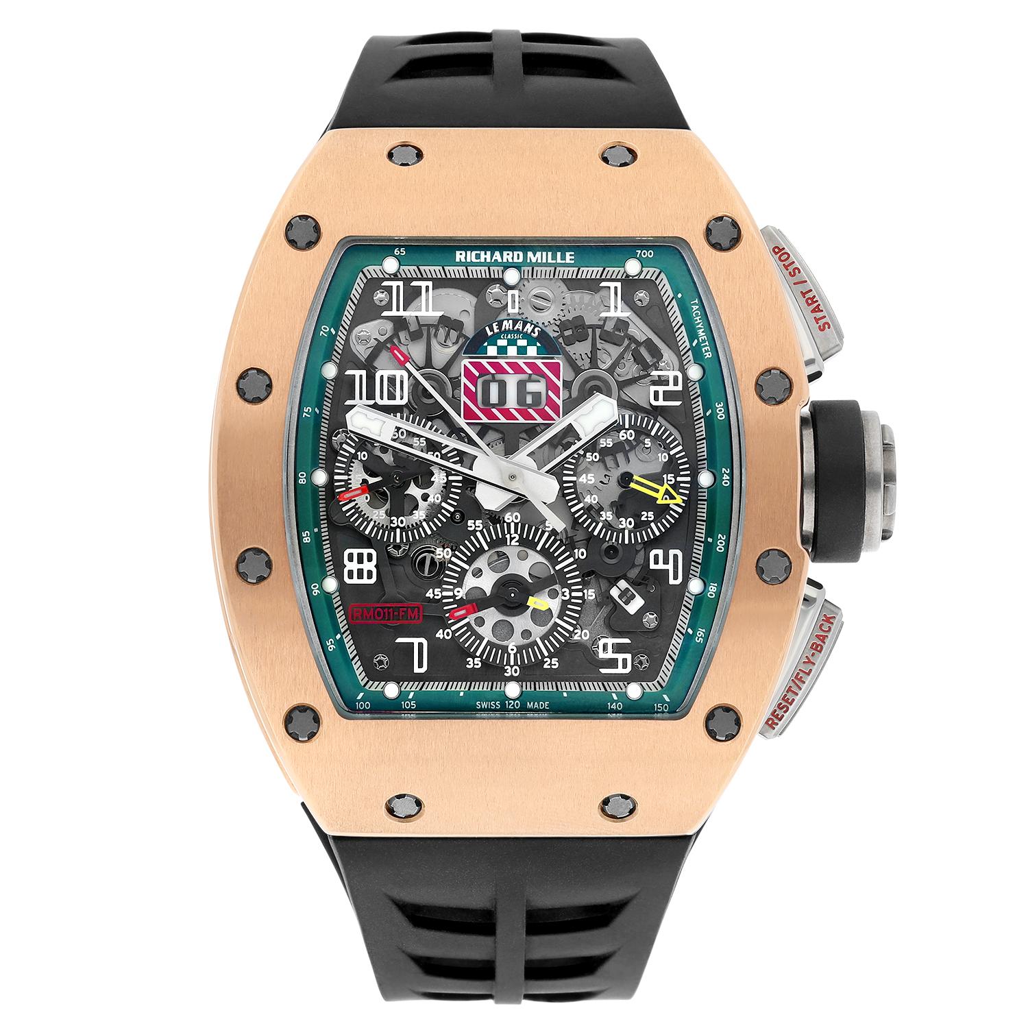 The RM 11-03 is designed in a 50mm rose gold and titanium case styled on a rubber strap. It features a skeletonized dial with white numerals, offering analog time function, flyback chronograph, 60-minute countdown timer and oversized date display.