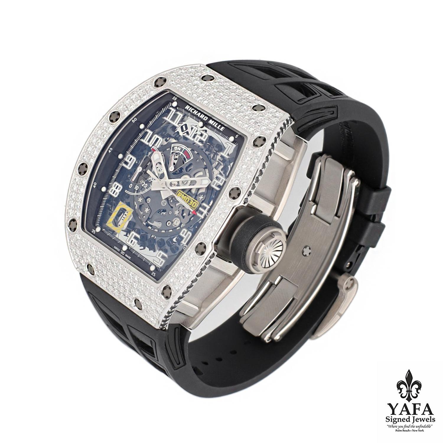 Basic Information﻿
- Brand: Richard Mille
- Model: RM 030
- Reference number: RM 030
- Movement: Automatic
Complications  - Power Reserve, Date, Winding Indicator, Detachable Variable-Geometry Rotor
- Case Size: 50mm x 42.7mm
- Dial: Skeleton,