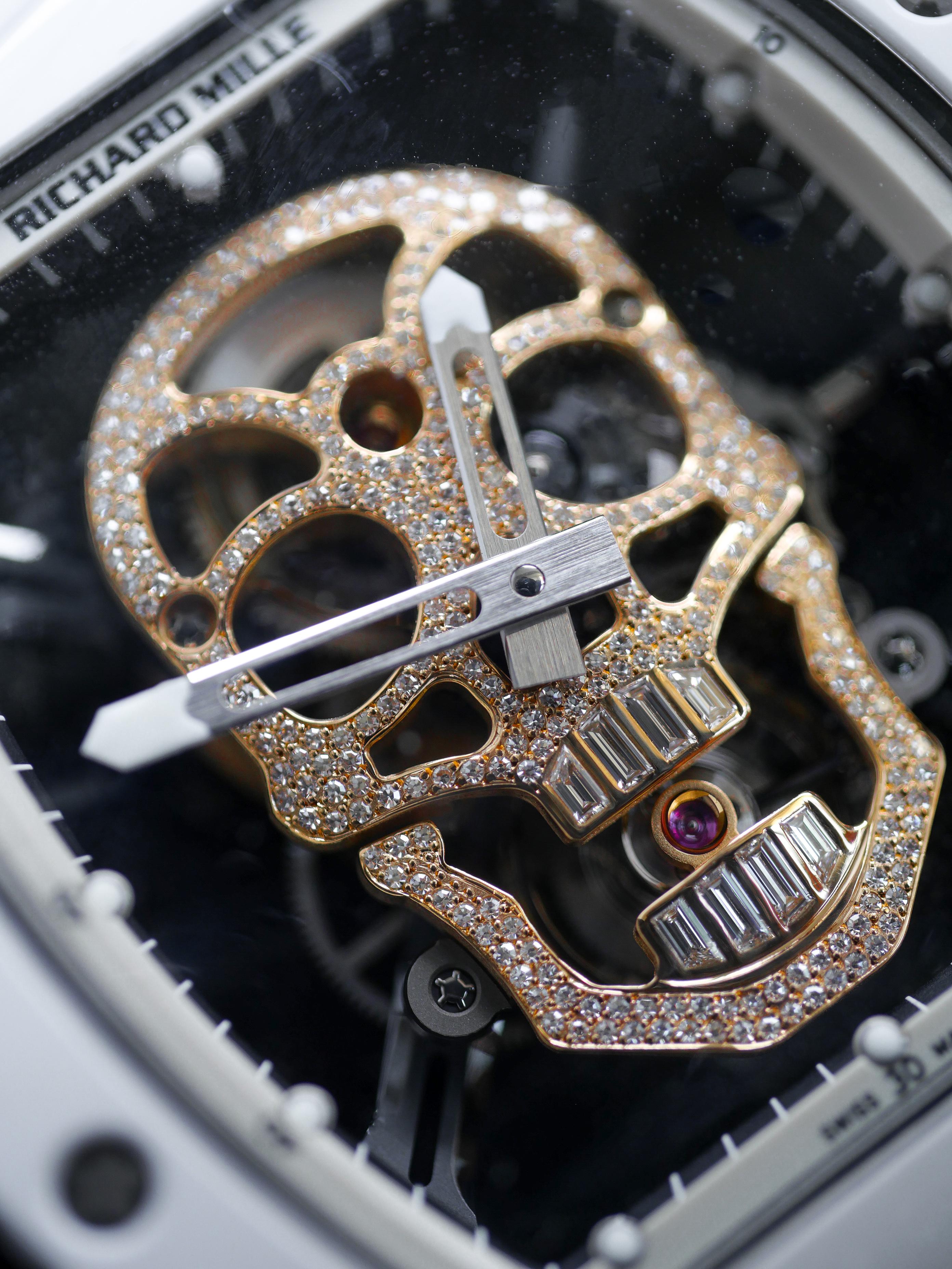 Richard Mille is no stranger to exotic luxury, the RM 052 Skull Tourbillon being a perfect example. This amazing watch is as alluring and peculiar as the mysterious crystal skulls of ancient times. The distinctive timepiece includes a skull shaped
