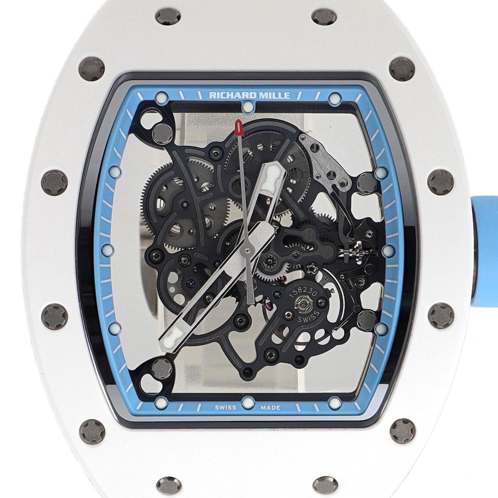(32864)
This pre-owned Richard Mille RM 055 is a beautiful men's timepiece that is powered by a mechanical movement which is cased in a ceramic case. It has a tonneau shape face, tourbillon dial and has hand dots style markers. It is completed with