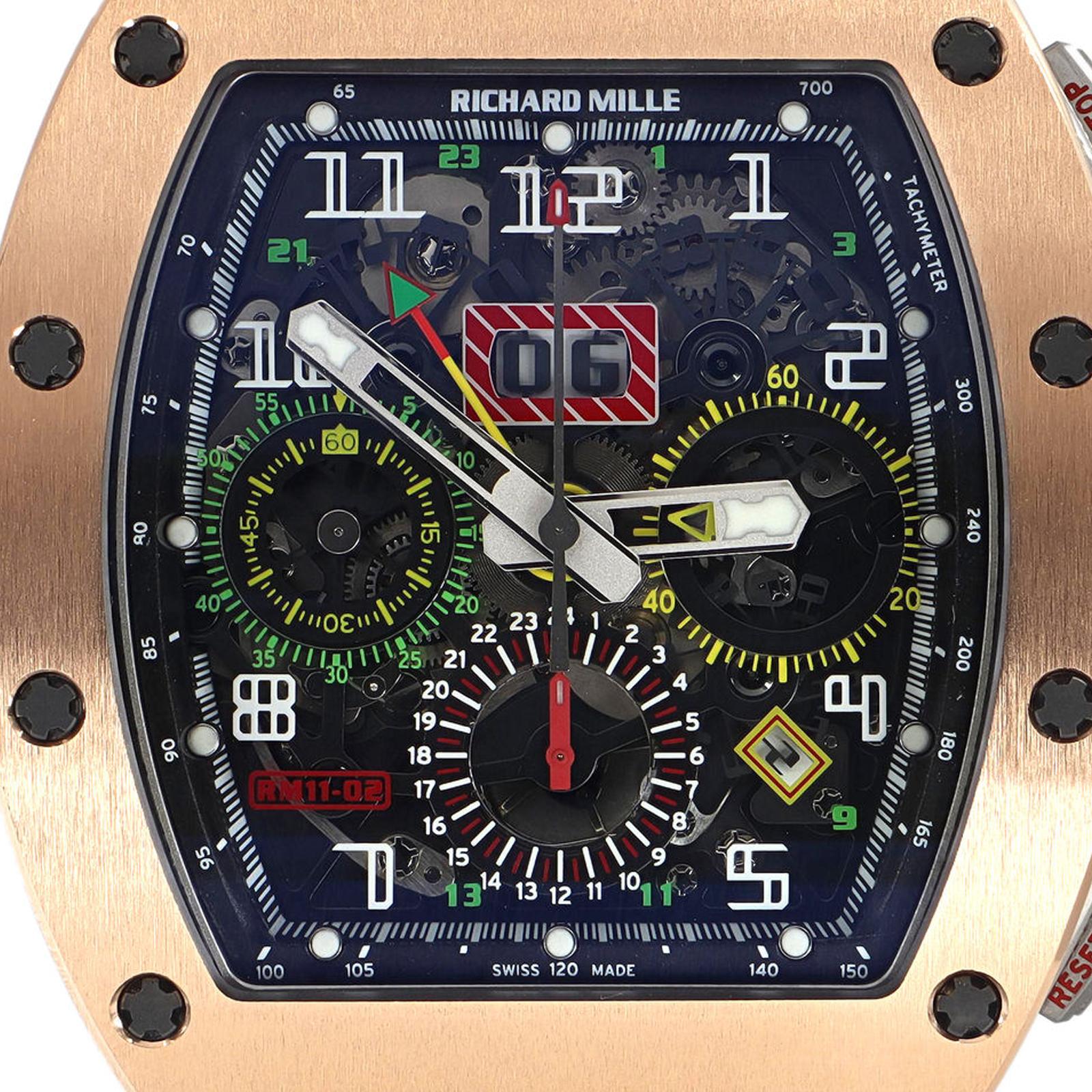 (32860)
This pre-owned Richard Mille RM 11-02 is a beautiful men's timepiece that is powered by an automatic movement which is cased in a titanium case. It has a tonneau shape face, chronograph, date, small seconds sub-dial, tachymeter dial and has