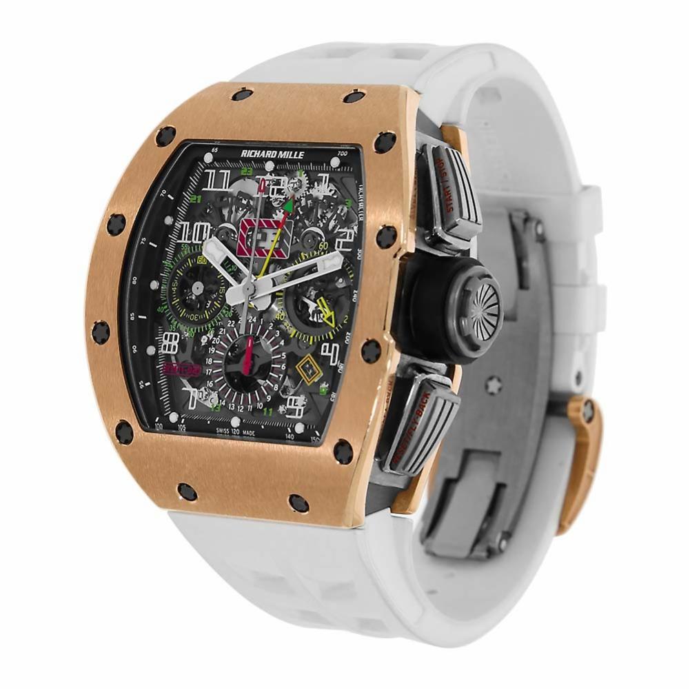 Richard Mille RM 011 Reference #:RM011-02. Richard Mille RM 11-02 GMT Automatic Rose Gold Titanium on Rubber Strap Watch. This new model boasts stunning mechanical specs, with complications including dual-time GMT, annual calendar, 60-minute