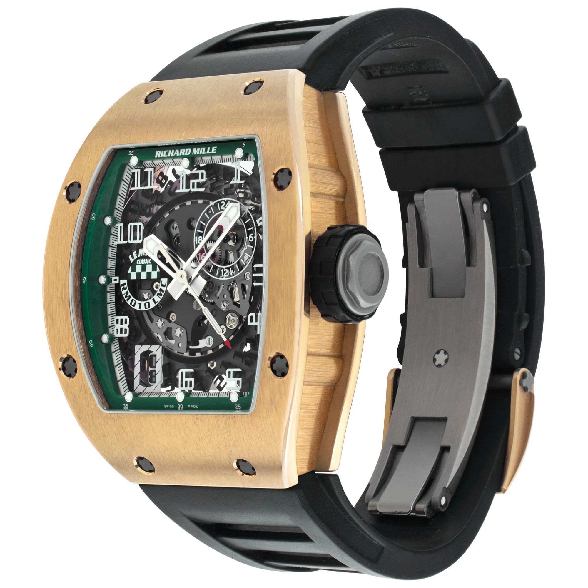 Richard Mille RM010 Le Mans Classic Limited Edition in 18k rose gold on a rubber strap. Limited to only 80 pieces. Automatic movement under glass w/ sweep seconds, 24 hour indicator and date. 48 mm length by 39 mm width case size. With box. Ref