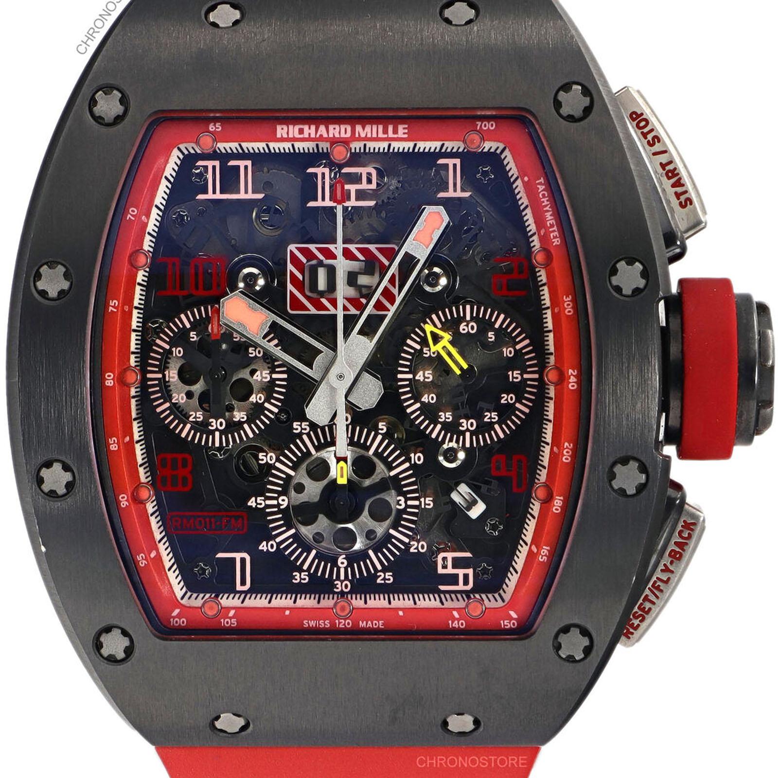 This pre-owned Richard Mille Felipe Massa RM011 is a beautiful men's timepiece that is powered by an automatic movement which is cased in a titanium case. It has a tonneau shape face, chronograph, date, small seconds subdial, tachymeter dial and has