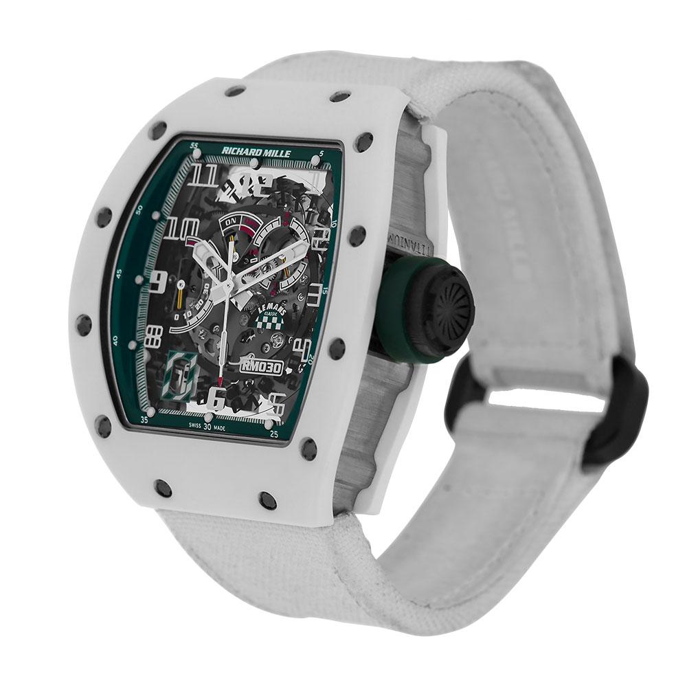 This is Richard Milles fourth tribute to the Le Mans Classic and as a sponsor of the race, the utmost care was taken in representing the brand and the race. This RM030 edition features a white ATZ ceramic case with grade 5 spline titanium screws,