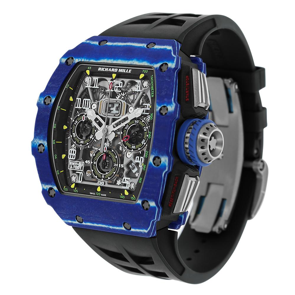 In honor of his close friend, Jean Todt, the president of the Federation Internationale de l'Automobile, Richard Mille created this unforgettable, stunning RM 11-03. The tounneau case is made of NTPT Blue Carbon and NTPT Black Carbon and is 44.50 x