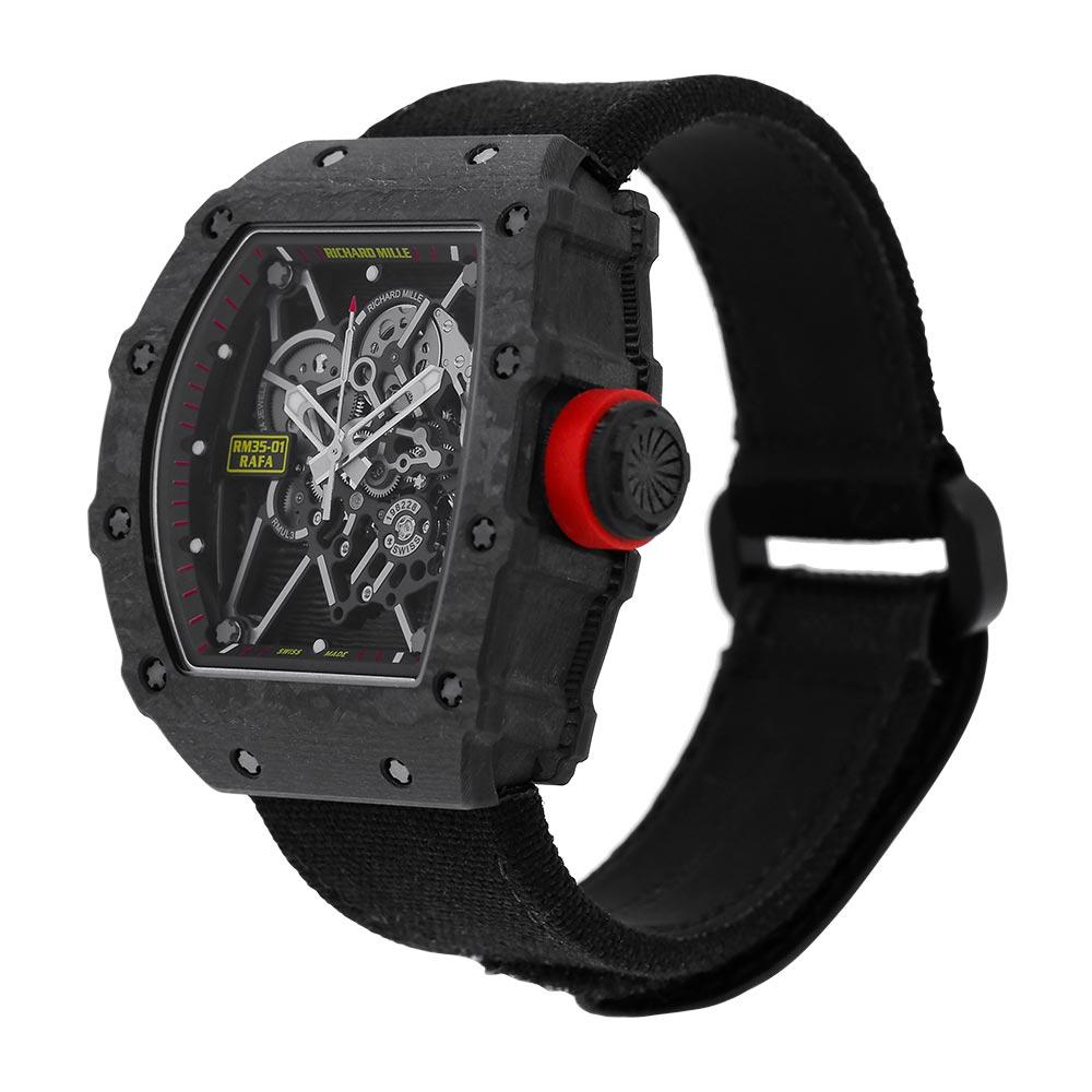 At long last there is a Richard Mille that is light enough to keep up with all your sporty activities in a robust design. This timepieces comes with a black, tonneau case, whose dimensions are 42.70 x 49.94 mm and is 14.05 mm thick and is made of