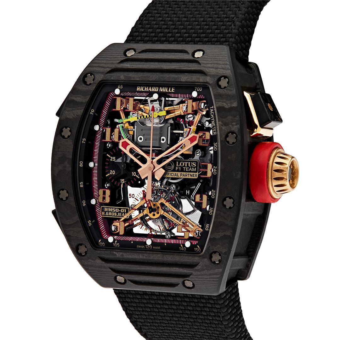 This Richard Mille RM50-01 Lotus F1 G-Sensor Tourbillon features a 42.7 x 50 mm carbon NTPT case and a transparent dial with Arabic numerals. The watch comes on a black nylon strap.


*Limited edition of 30 pieces.

 
Reference