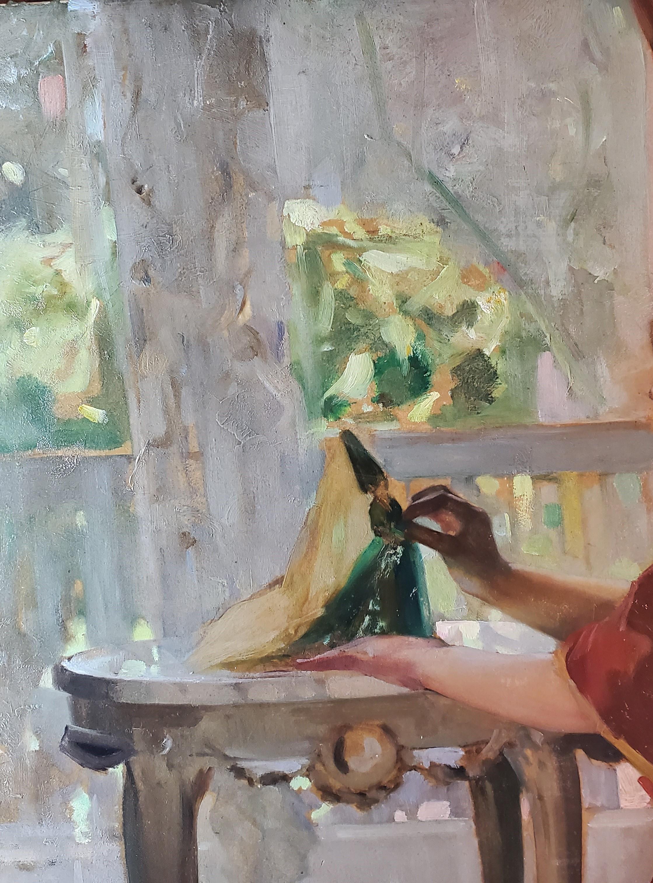 Donna con bambola - Painting di Richard Miller