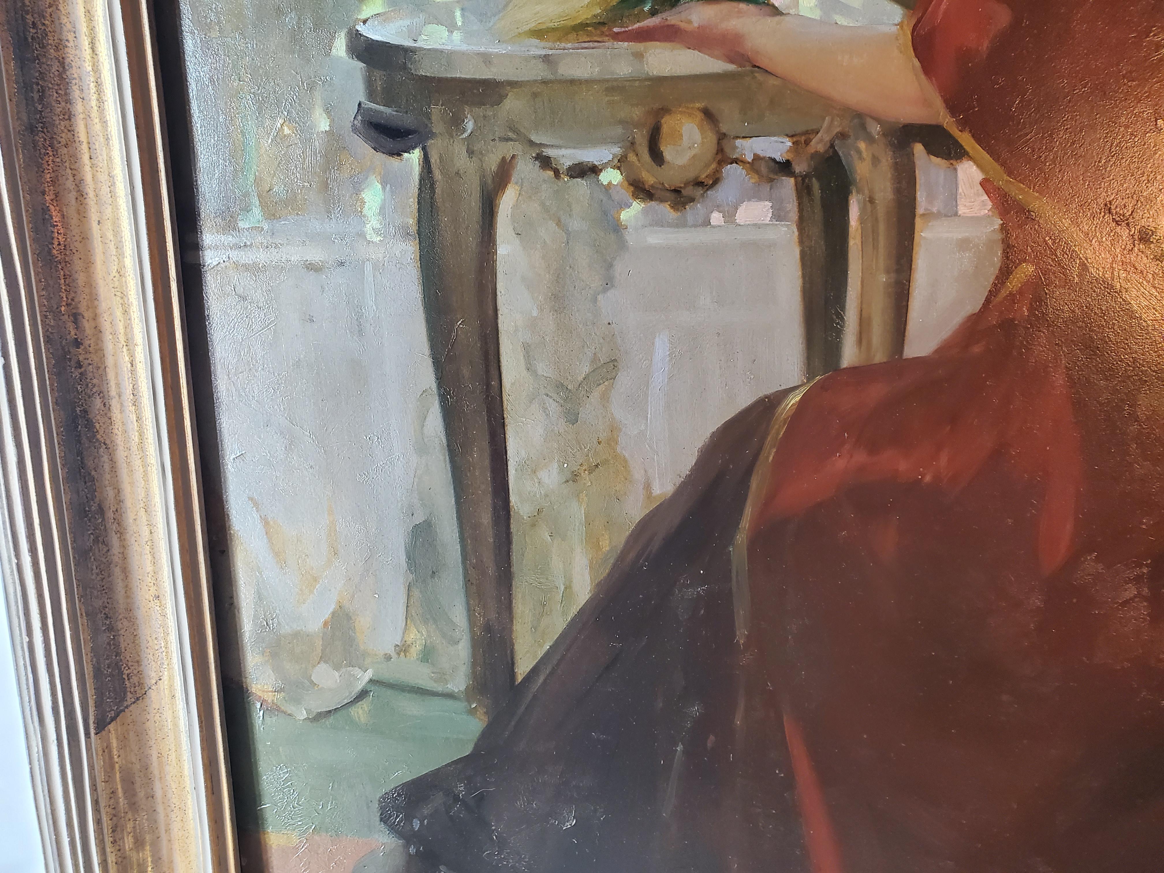 Donna con bambola - Figurative Painting Nero di Richard Miller