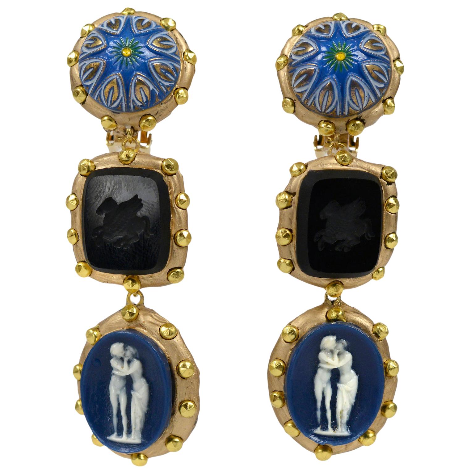 Richard Minadeo Blue Three Tier Cameo Earrings For Sale