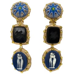 Antique Richard Minadeo Blue Three Tier Cameo Earrings