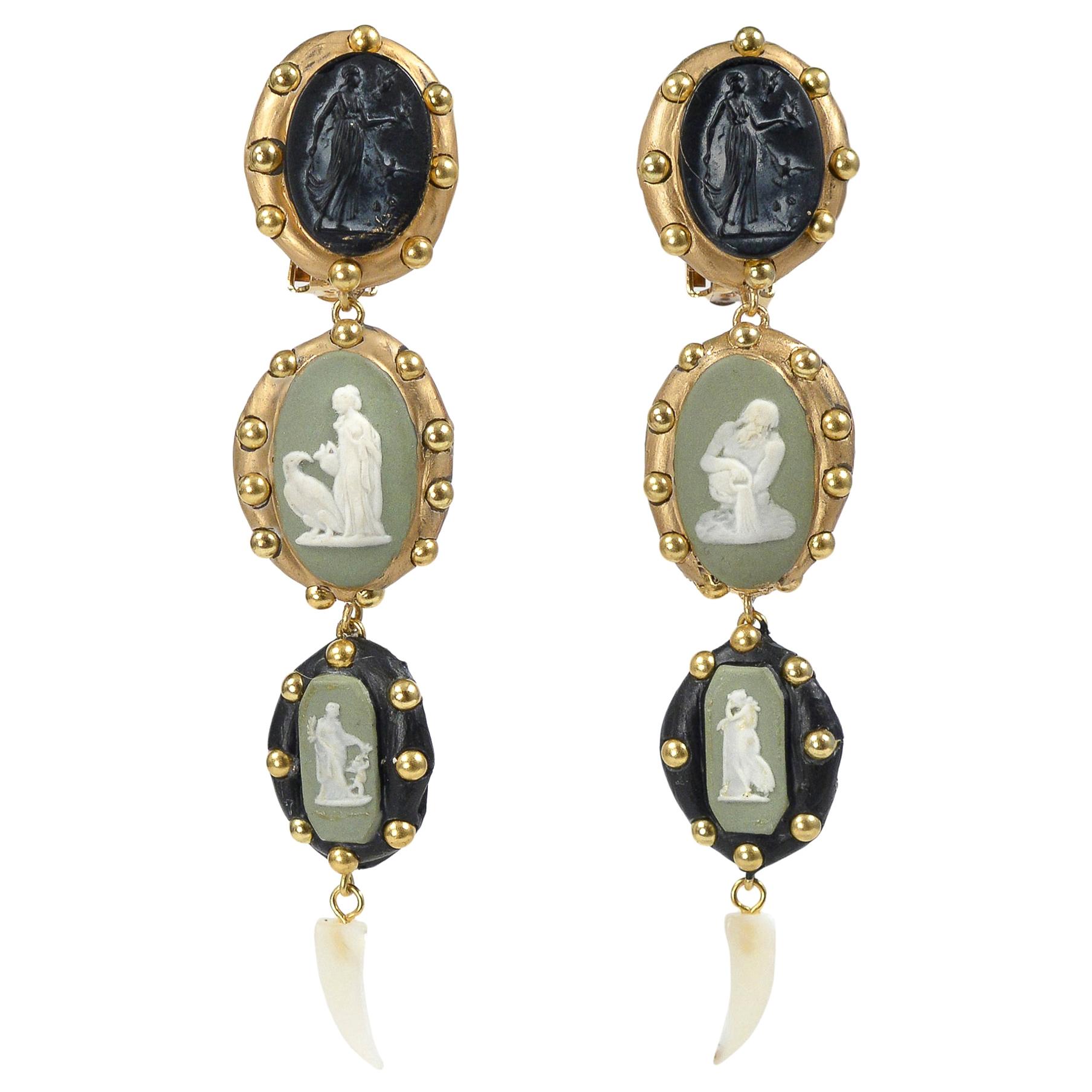 Richard Minadeo Green Wedgewood Cameo Earrings