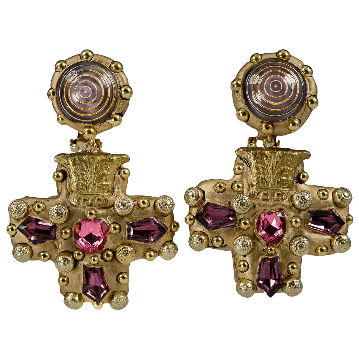 Richard Minadeo Purple, Pink, & Gold Cross Earrings