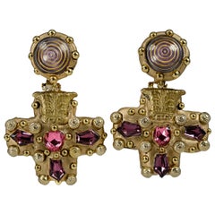 Richard Minadeo Purple, Pink, & Gold Cross Earrings