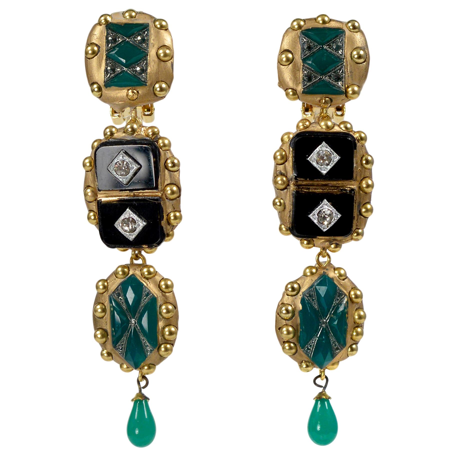 Richard Minadeo Three Tier Green, Onyx, & Crystal Deco Earrings