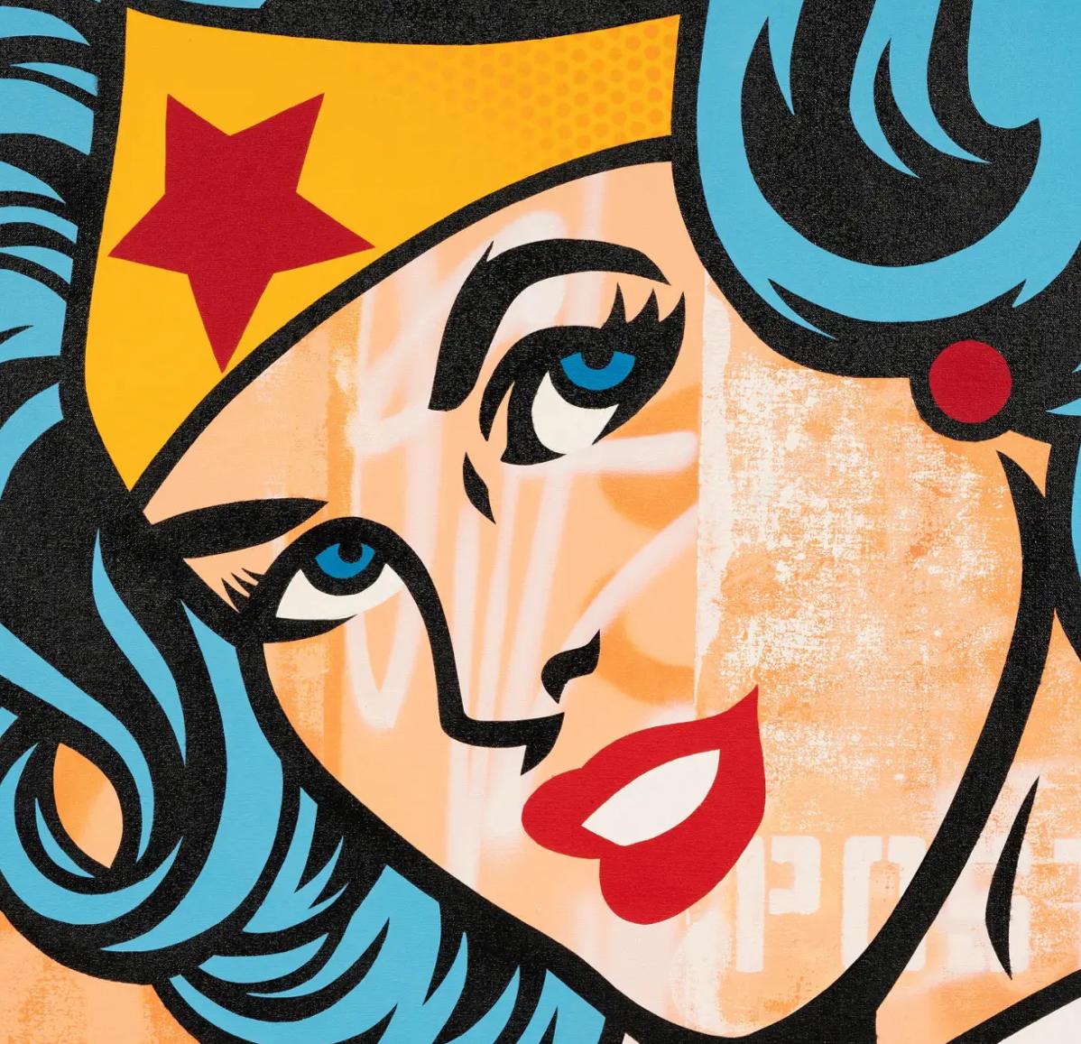 Richard Mirando Seen Graffiti Art Painting of Wonder Woman Post No Bills In Good Condition For Sale In LOS ANGELES, CA