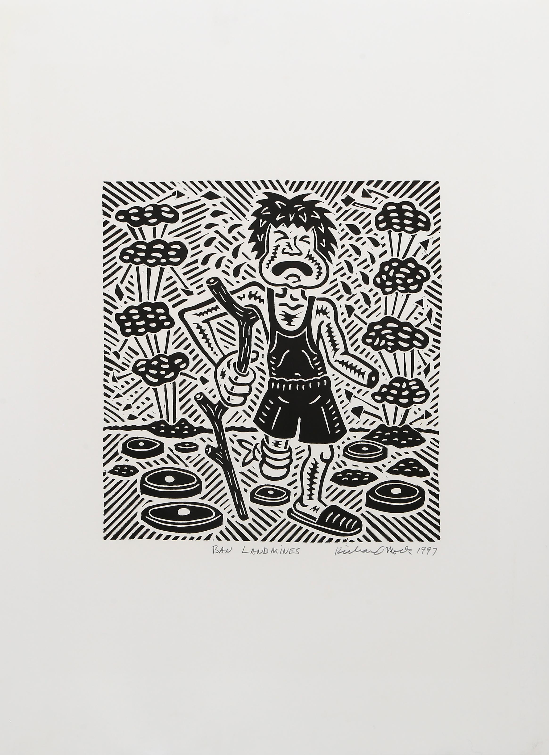 Prohibir las minas terrestres, Linograbado Pop Art de Richard Mock en venta 1