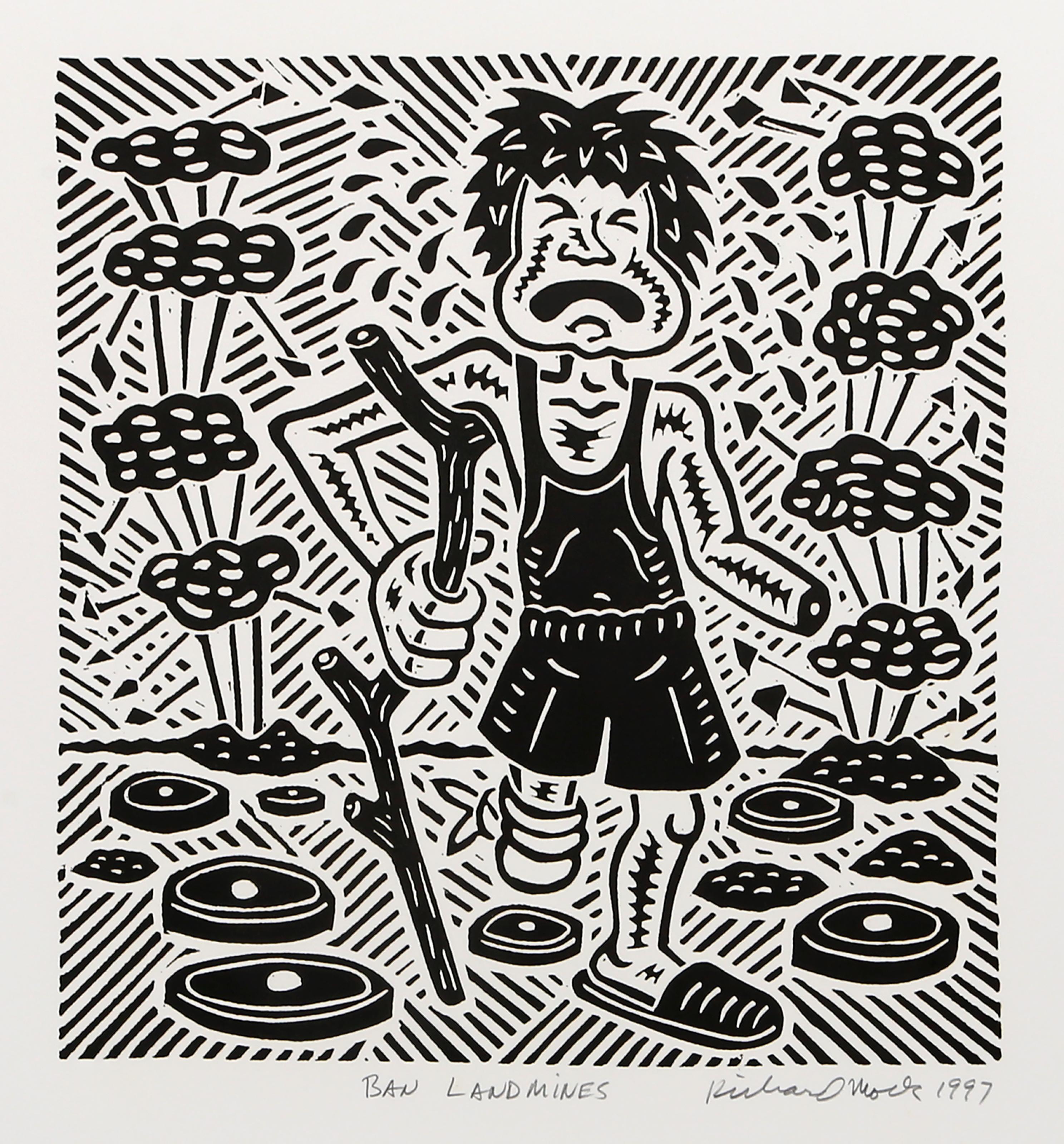 Richard Mock, estadounidense (1944 - 2006) - Prohibición de las minas terrestres, Año:  1997, Medio:  Linograbado sobre BFK Rives, firmado, titulado, numerado y fechado a lápiz, Edición:  80, Tamaño de la imagen:  14,25 x 13,25 pulgadas, Tamaño: 