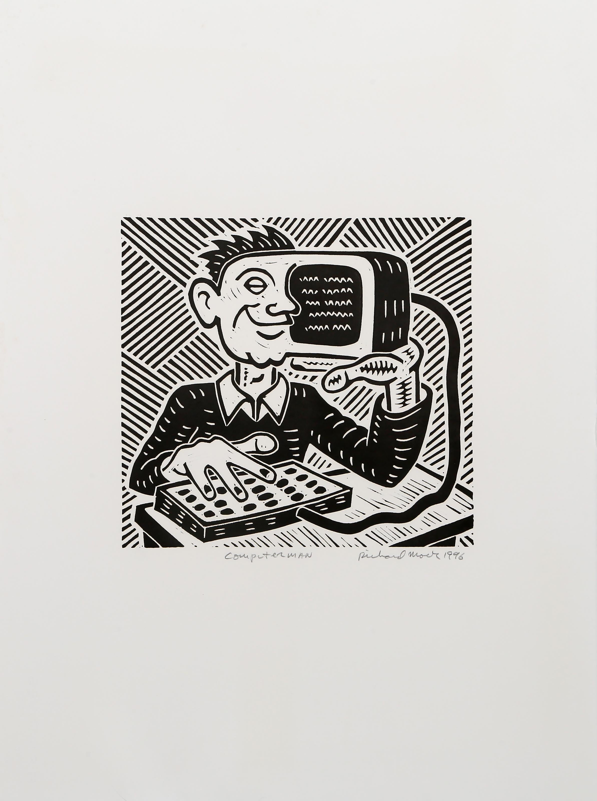 Hombre Ordenador, Linograbado Pop Art de Richard Mock en venta 1