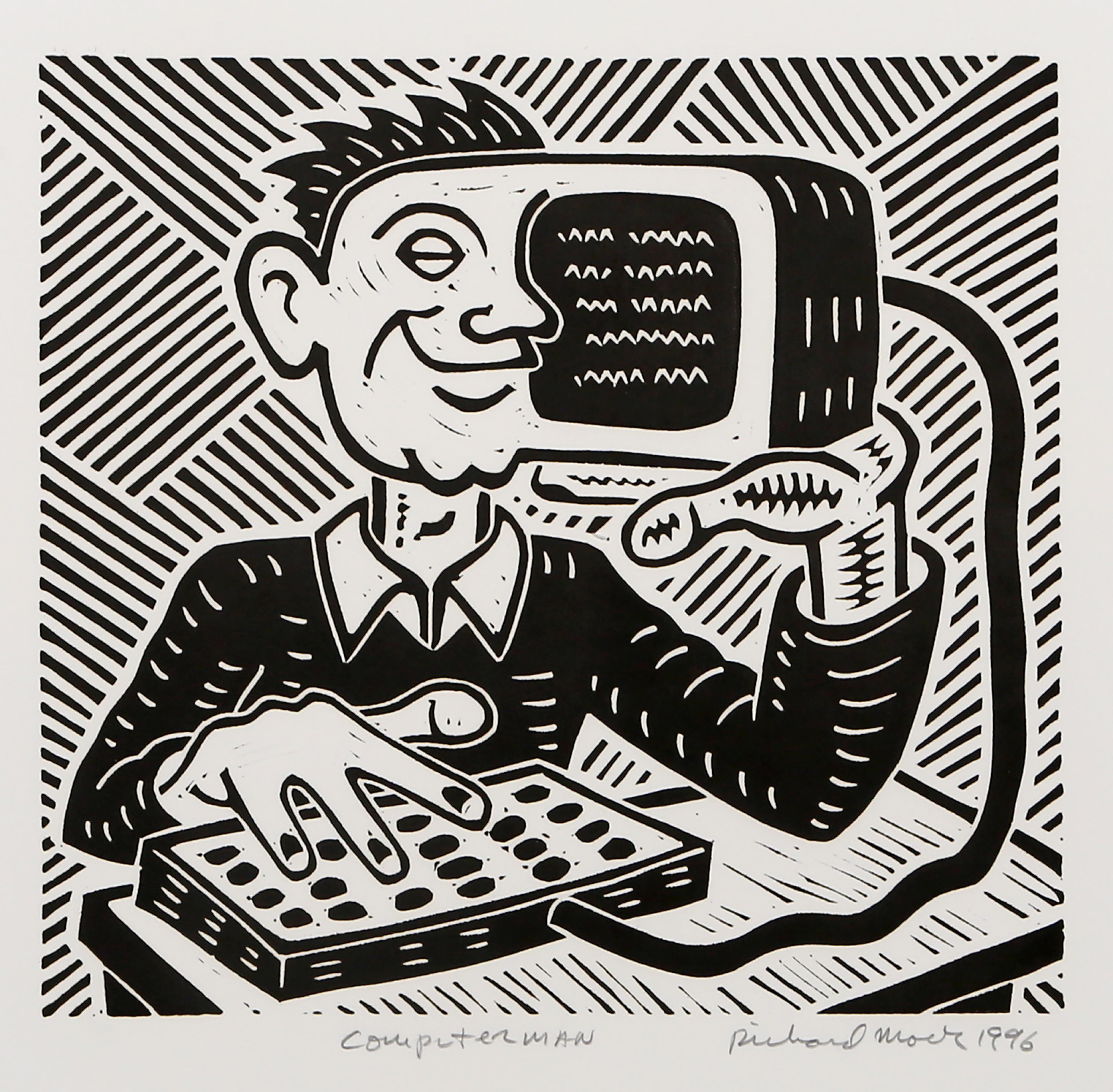 Richard Mock, estadounidense (1944 - 2006) - Informático, año:  1996, Medio:  Linograbado sobre BFK Rives, firmado, titulado, numerado y fechado a lápiz, Edición:  80, Tamaño de la imagen:  12 x 13 pulgadas, Tamaño:  76,2 x 56,52 cm (30 x 22,25