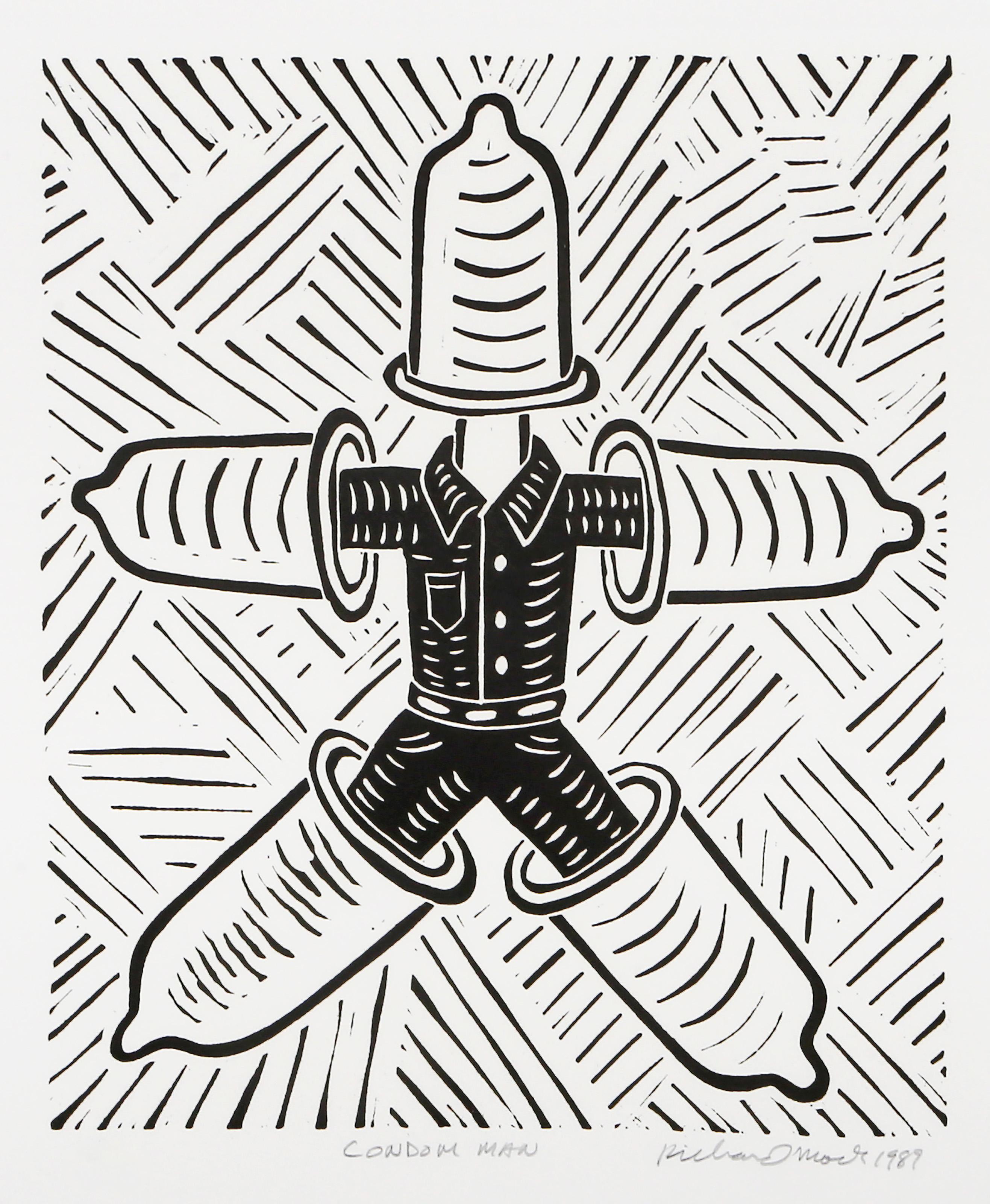 Condom Man, Pop Art Linocut by Richard Mock
