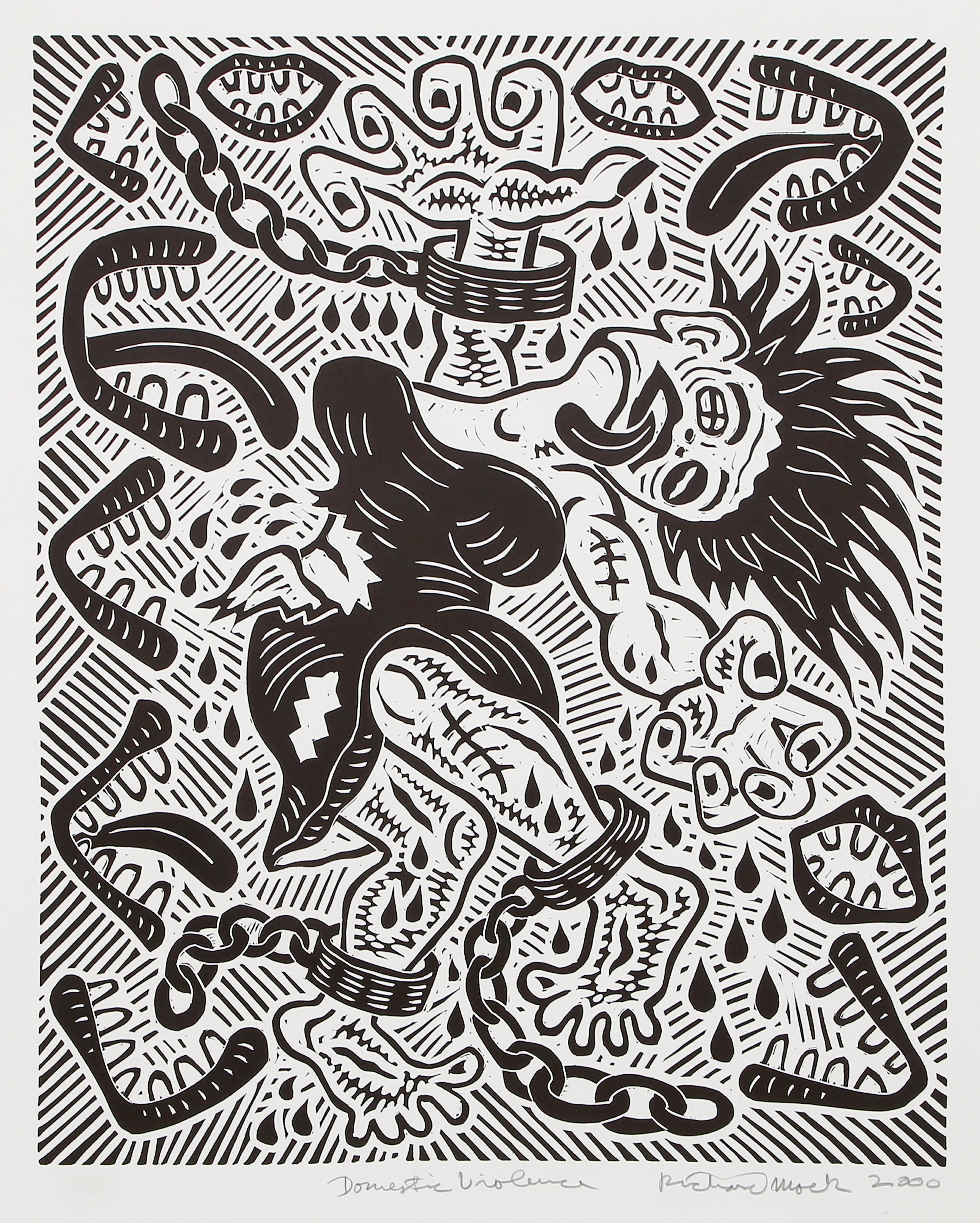 Violence domestique, linogravure pop art de Richard Mock