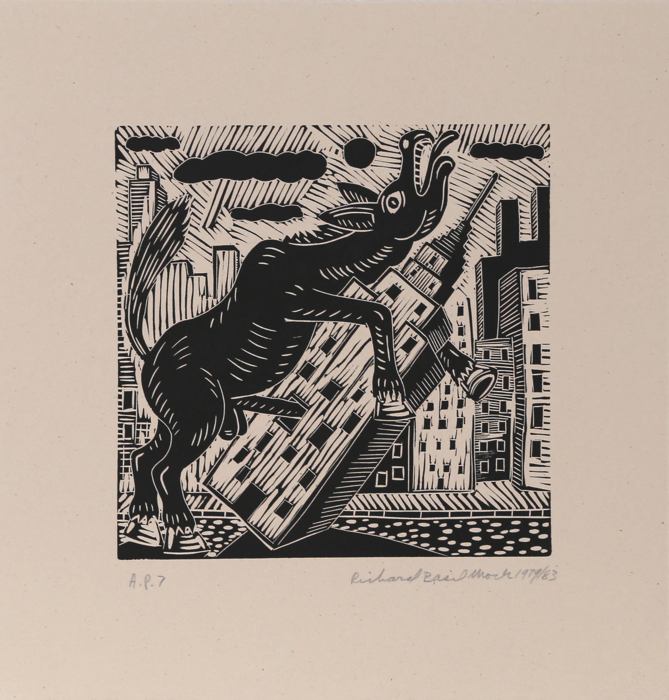 Richard Mock, Américain (1944 - 2006) - Âne sur l'Empire State Building, Année :  1983, Moyen :  Linogravure, signée et numérotée au crayon, Edition :  AP, Taille de l'image :  12 x 12 pouces, Taille :  19.5  x 18.5 in. (49.53  x 46.99 cm)