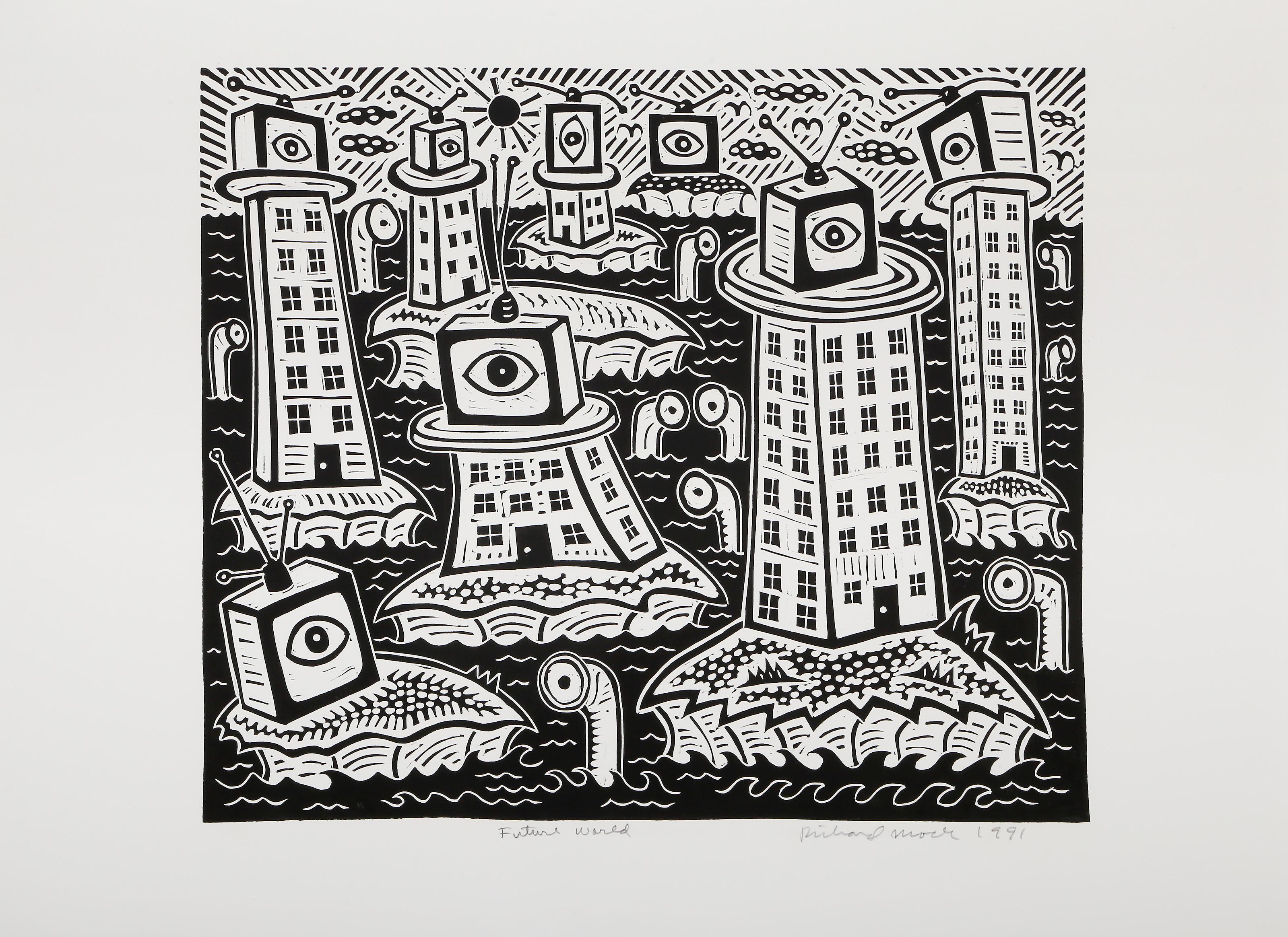 Future World, Pop Art Linocut by Richard Mock For Sale 1