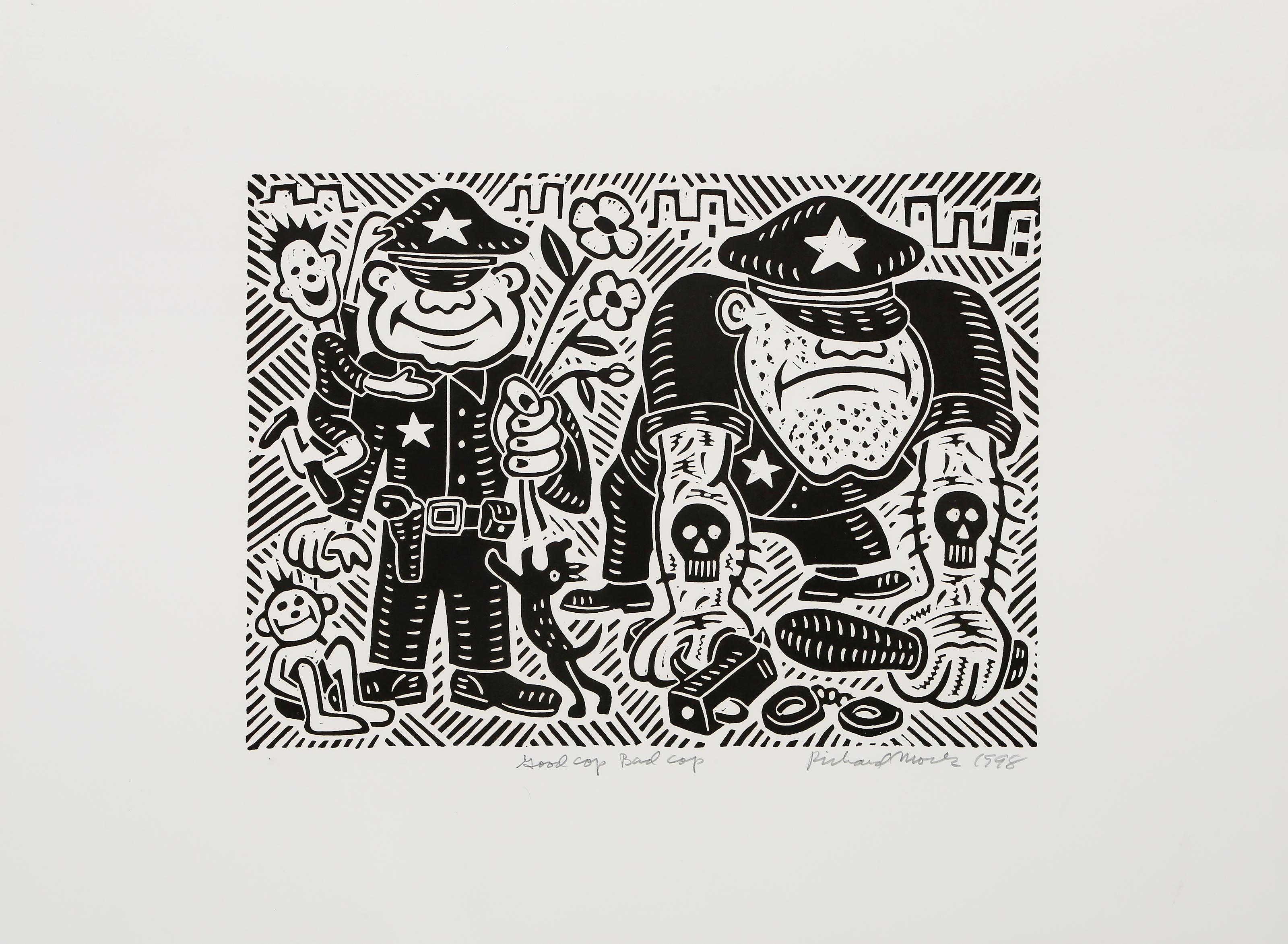 Poli bueno, poli malo, linograbado Pop Art de Richard Mock en venta 1