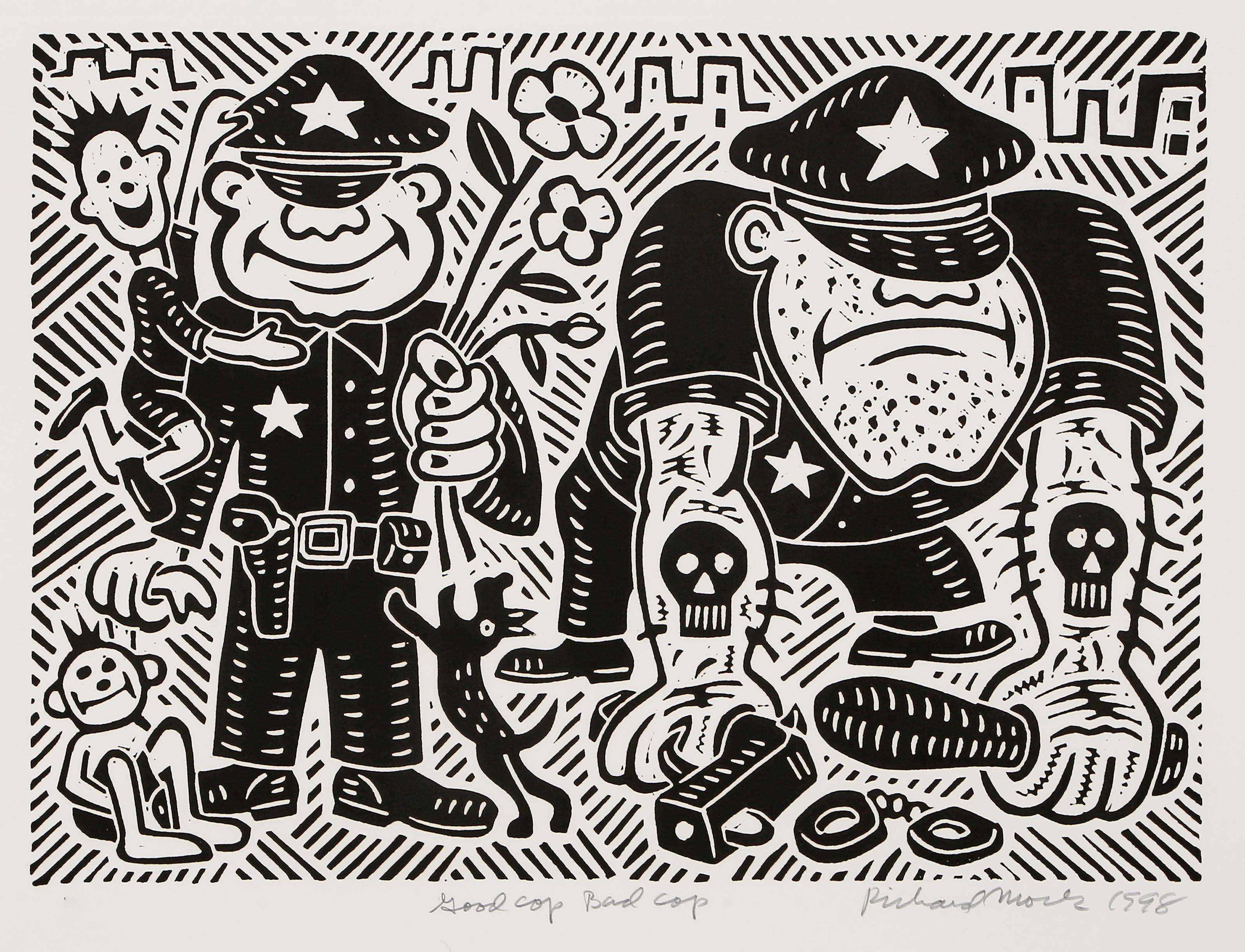 Richard Mock, estadounidense (1944 - 2006) - Poli bueno, poli malo, año:  1998, Medio:  Linograbado sobre BFK Rives, firmado, titulado, numerado y fechado a lápiz, Edición:  80, Tamaño de la imagen:  13,25 x 18,25 pulgadas, Tamaño:  57,15 x 76,2 cm