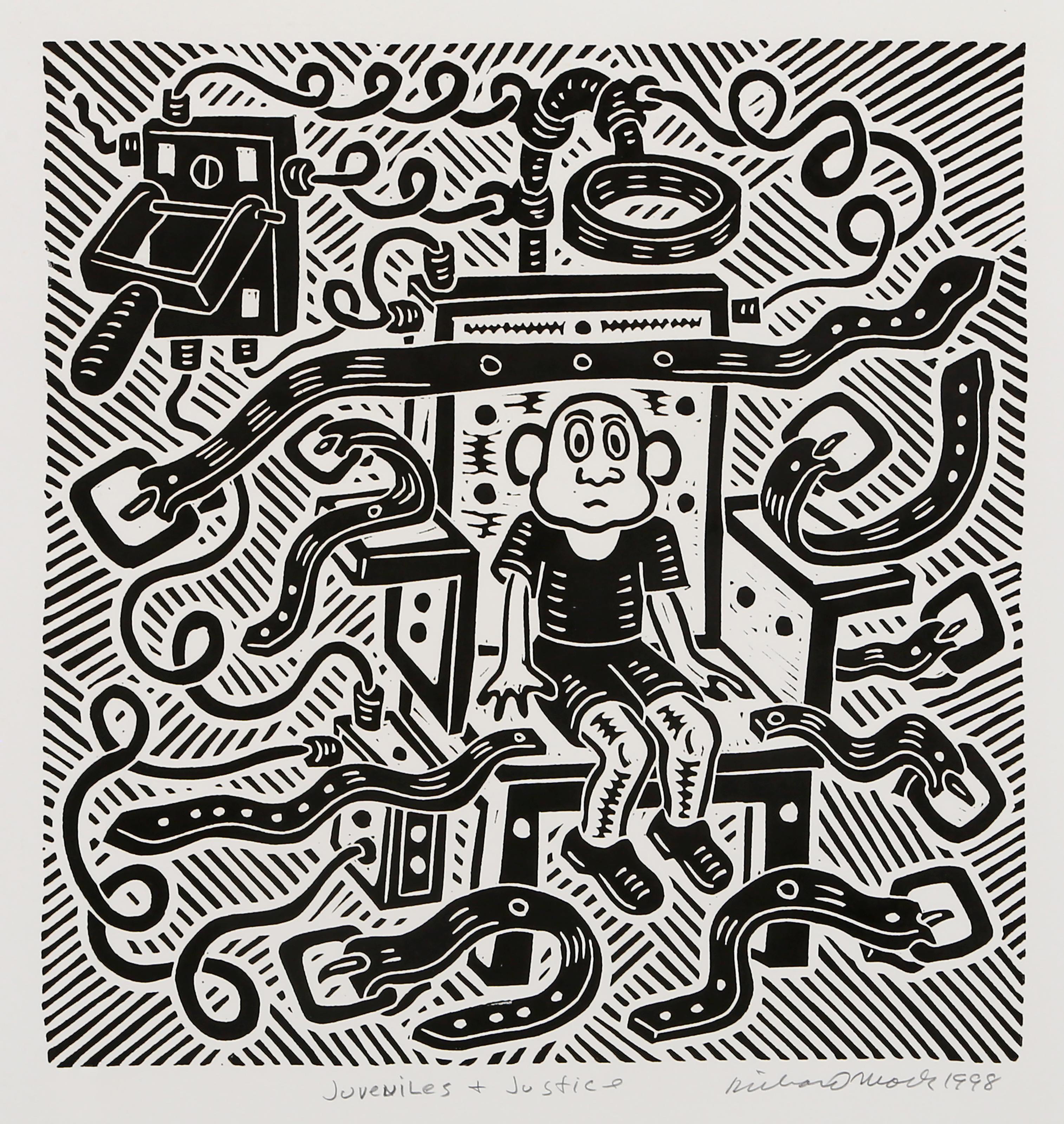 Richard Mock, estadounidense (1944 - 2006) - Menores + Justicia, Año:  1998, Medio:  Linograbado sobre BFK Rives, firmado, titulado, fechado y numerado a lápiz, Edición:  80, Tamaño de la imagen:  17 x 16 pulgadas, Tamaño:  30 x 22.5 in. (76.2 x