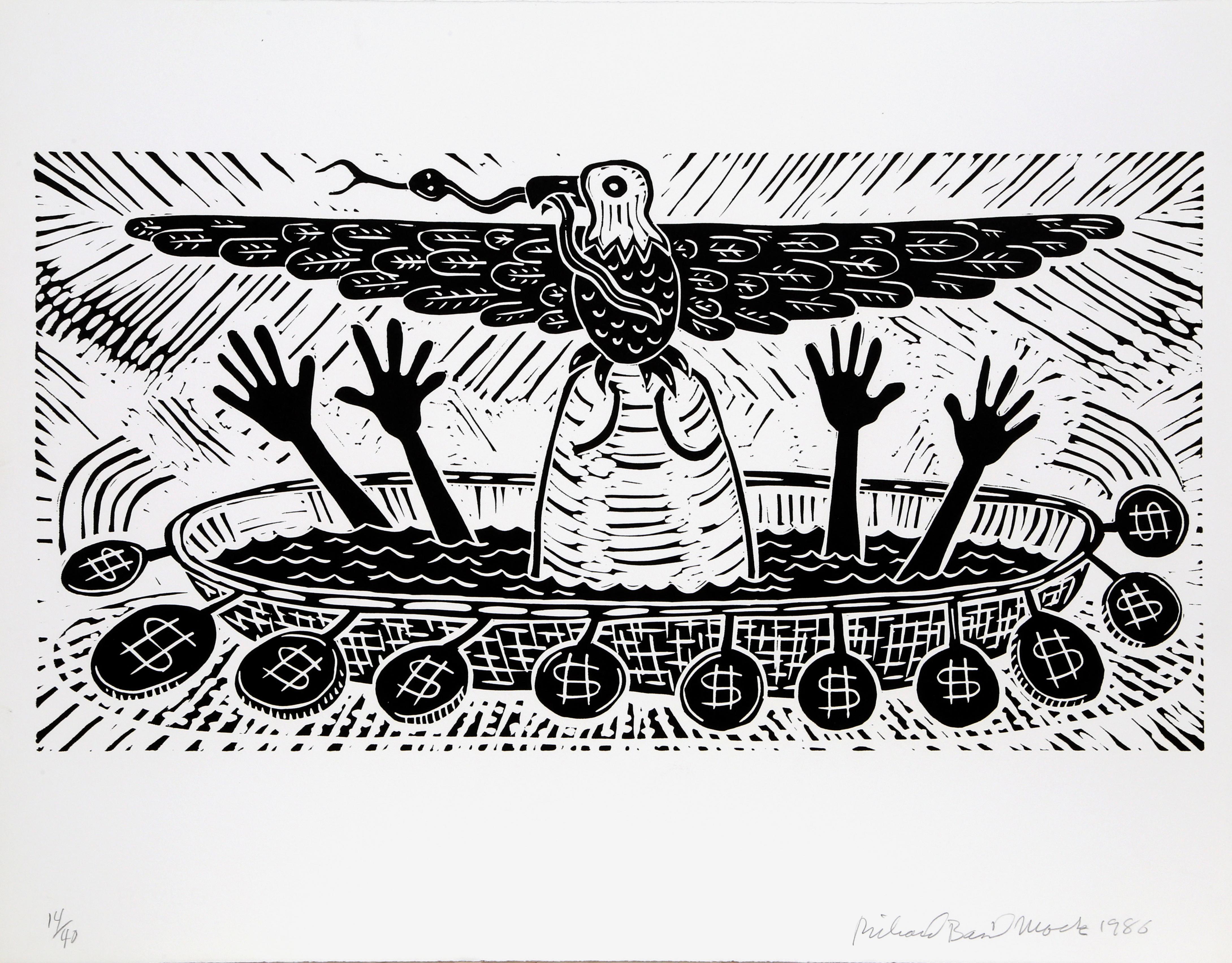 Richard Mock, Américain (1944 - 2006) - Le Mexique a besoin d'une aide spéciale, Année :  1986, Moyen :  Linogravure, signée et numérotée au crayon, Edition :  14/40, Taille de l'image :  12.25 x 20 pouces, Taille :  20.5  x 25 in. (52.07  x 63.5 cm)