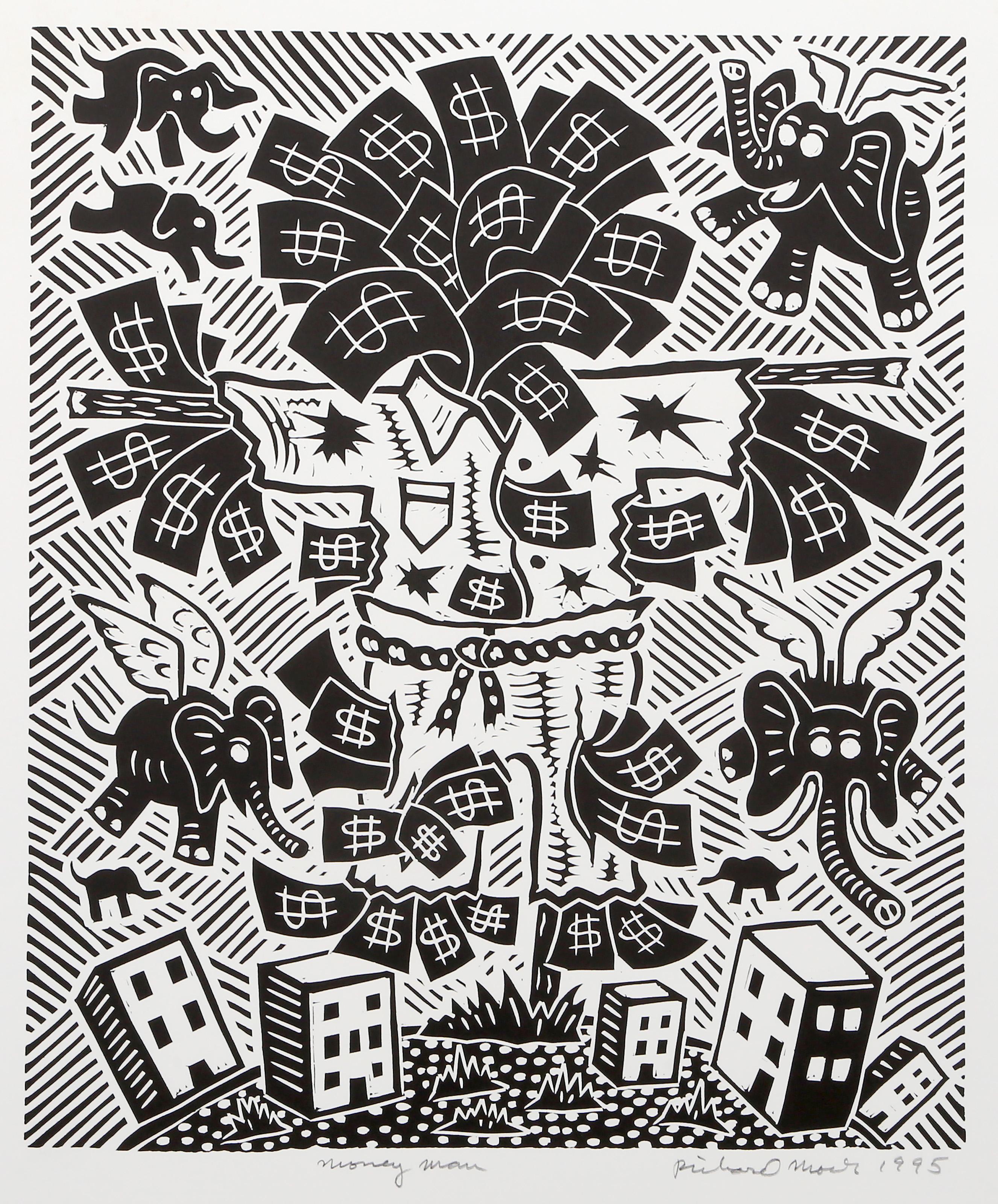Richard Mock, American (1944 - 2006) - Money Man, Year:  1995, Medium:  Linocut on BFK Rives, signed, titled, numbered and dated in pencil, Edition:  80, Image Size:  21 x 17.5 inches, Size:  30 x 22 in. (76.2 x 55.88 cm)