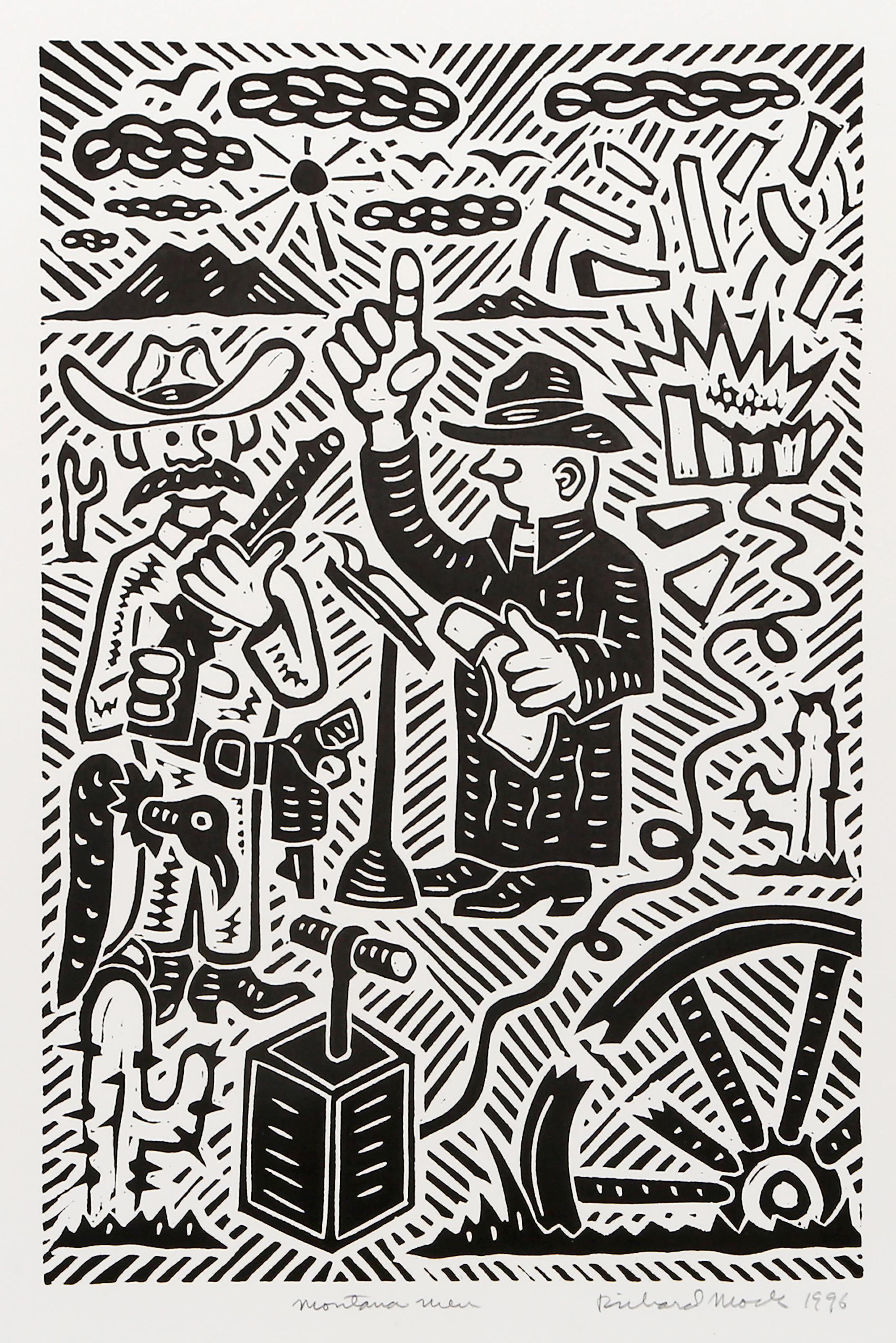 Richard Mock, American (1944 - 2006) - Montana Man, Year:  1996, Medium:  Linocut on BFK Rives, signed, titled, numbered and dated in pencil, Edition:  80, Image Size:  19 x 12.5 inches, Size:  30 x 22.5 in. (76.2 x 57.15 cm)