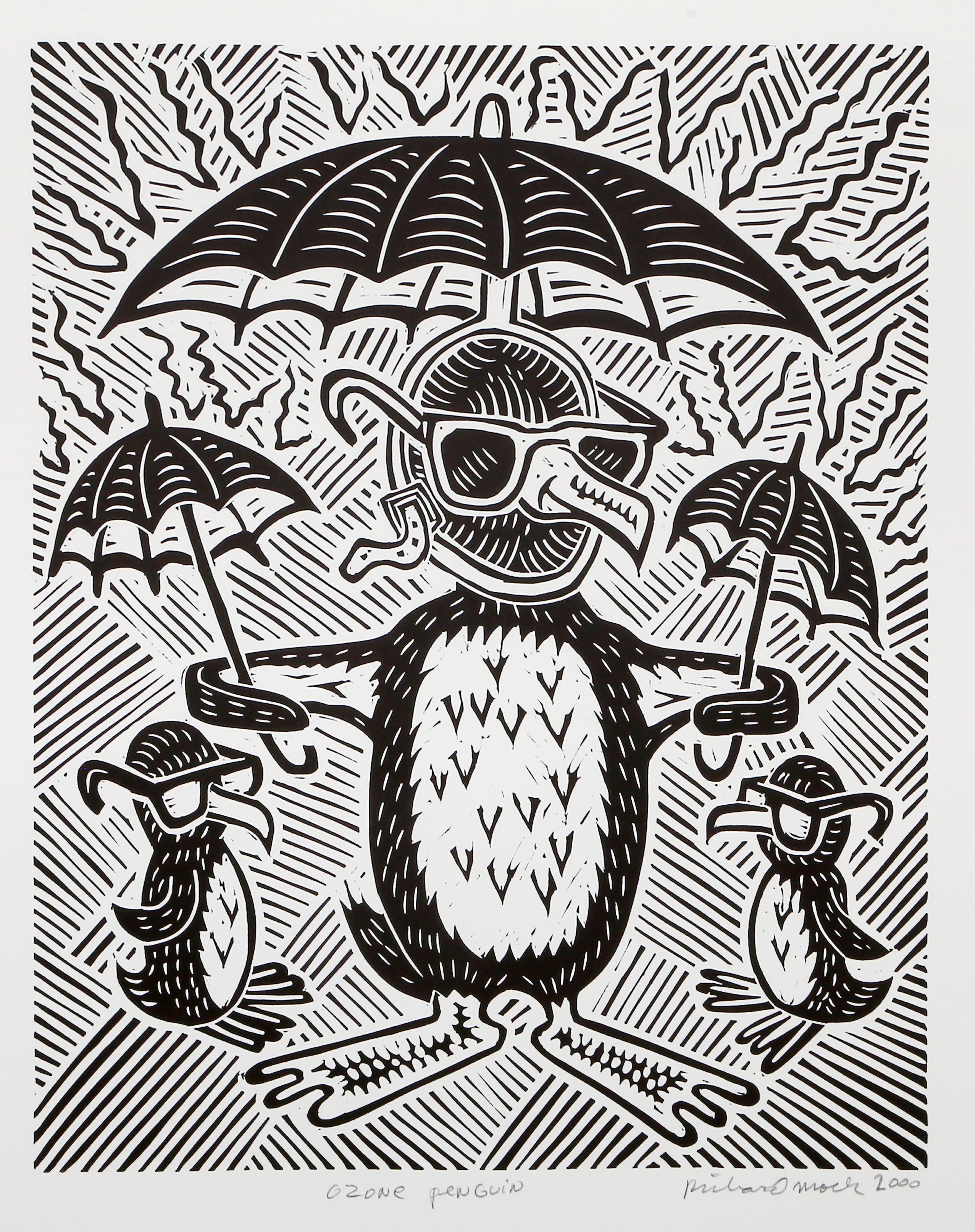 Richard Mock, estadounidense (1944 - 2006) - Pingüino de Ozono, Año:  2000, Medio:  Linograbado sobre BFK Rives, firmado, titulado, numerado y fechado a lápiz, Edición:  80, Tamaño de la imagen:  20 x 16 pulgadas, Tamaño:  76,2 x 55,88 cm (30 x 22