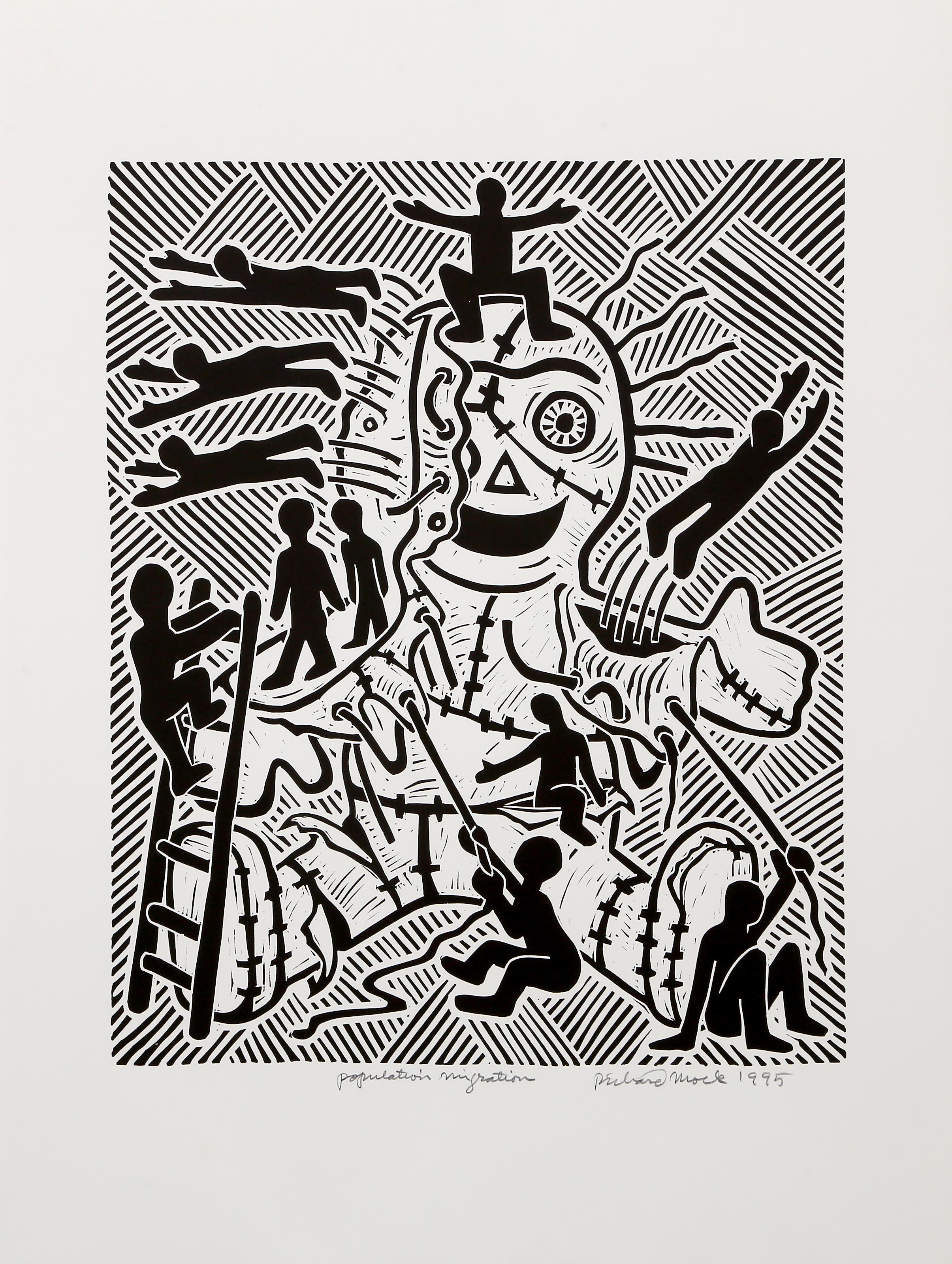 Population Migration, Pop Art Linocut by Richard Mock For Sale 1