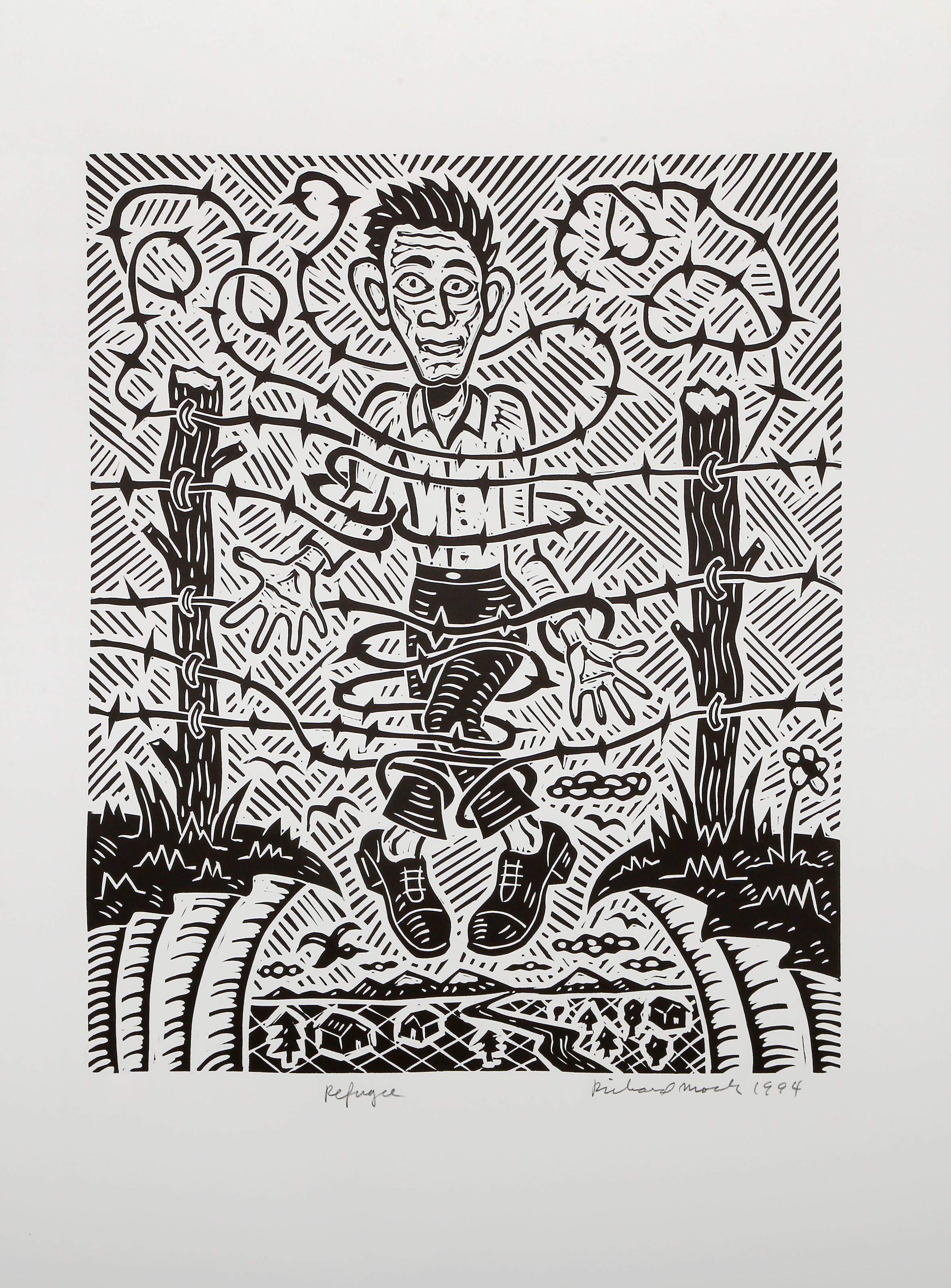 Refugiado, Linograbado Pop Art de Richard Mock en venta 1