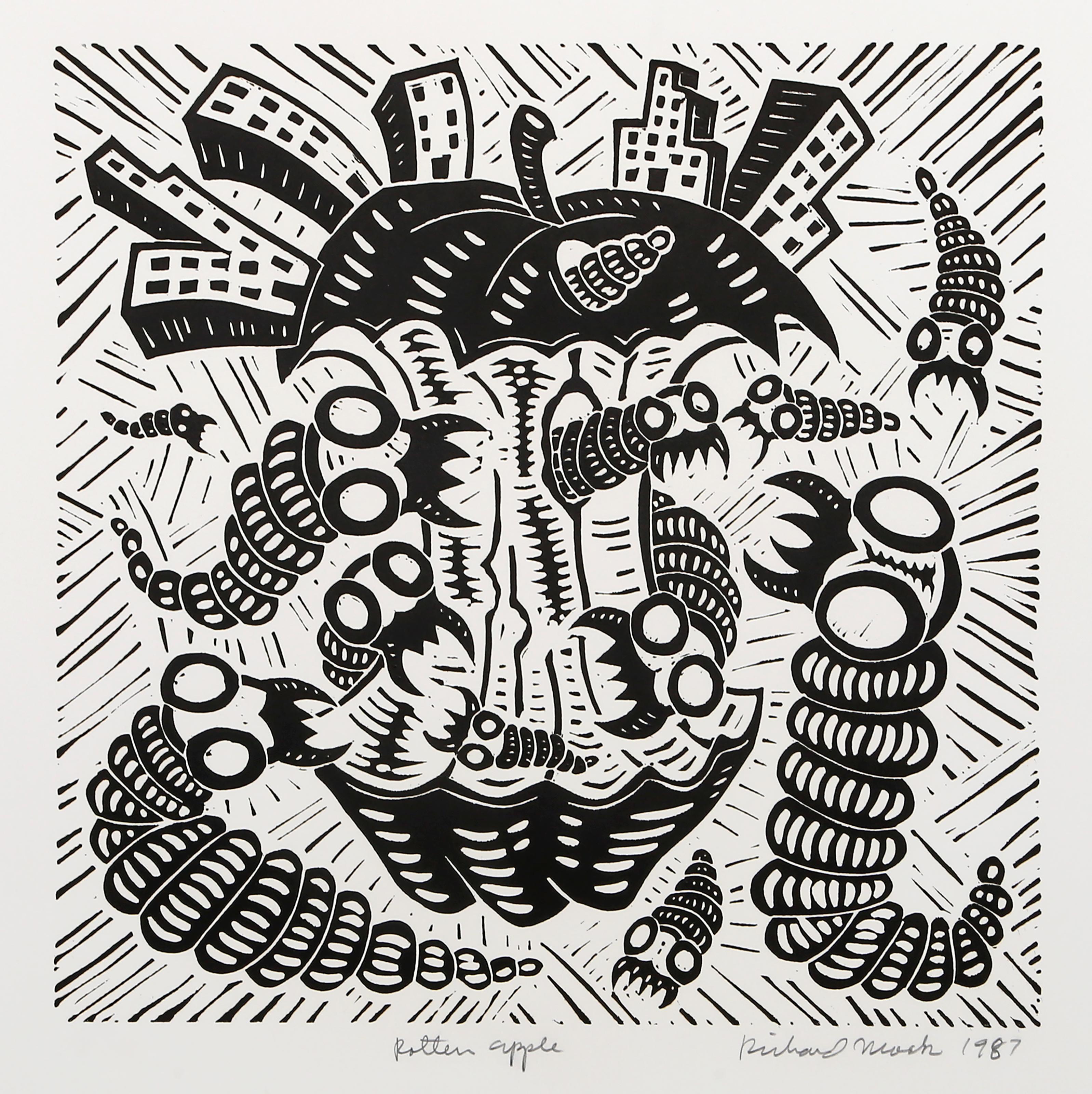 Richard Mock, Américain (1944 - 2006) - Rotten Apple, Année :  1987, Moyen :  Linogravure sur BFK Rives, signée, titrée, numérotée et datée au crayon, Edition :  80, Taille de l'image :  17 x 17 pouces, Taille :  30 x 22.25 in. (76.2 x 56.52 cm)