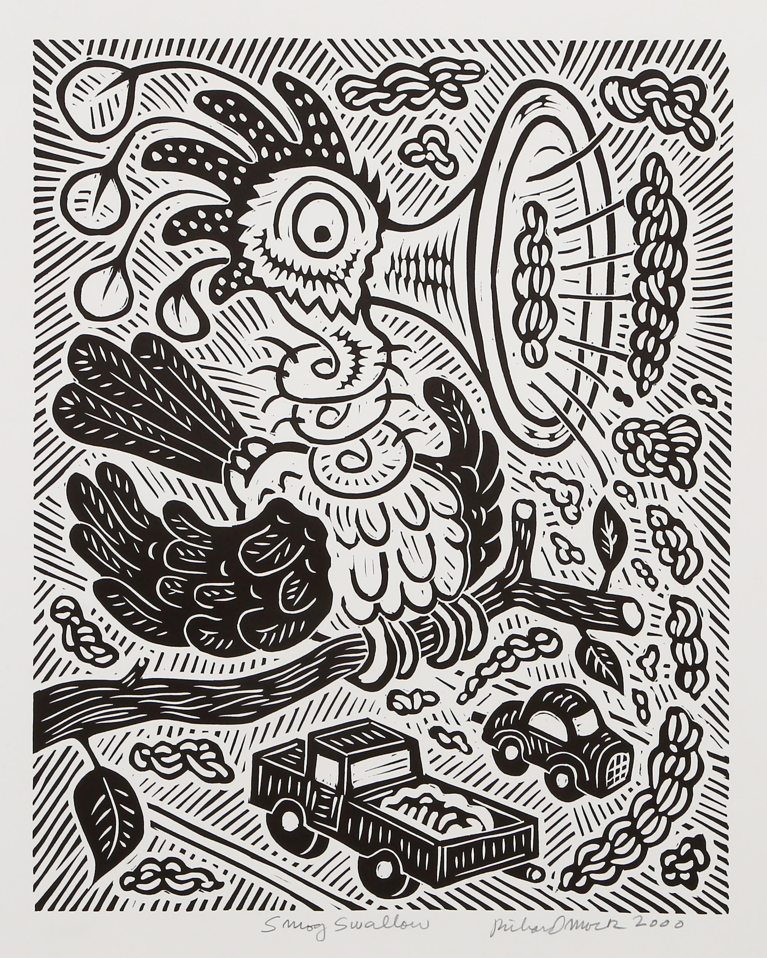 Richard Mock, Américain (1944 - 2006) - Smog Swallow, Année :  2000, Moyen :  Linogravure sur BFK Rives, signée, titrée, datée et numérotée au crayon, Edition :  80, Taille de l'image :  20 x 16 pouces, Taille :  30 x 22.5 in. (76.2 x 57.15 cm)