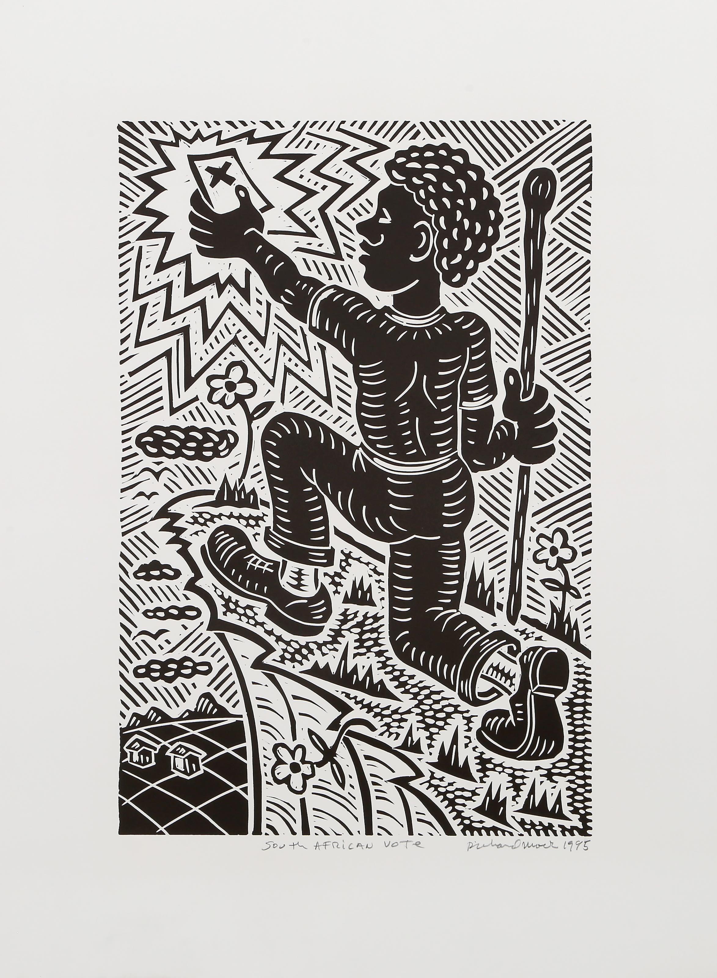 Vote sud-africain, linogravure pop art de Richard Mock en vente 2