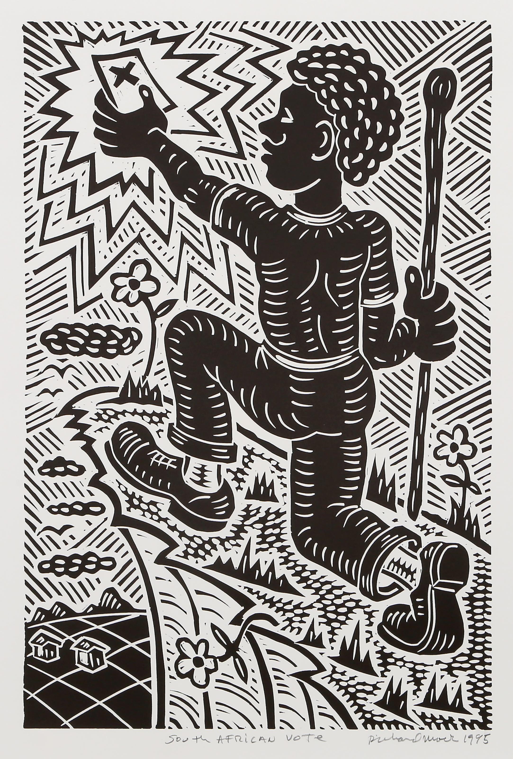 Vote sud-africain, linogravure pop art de Richard Mock