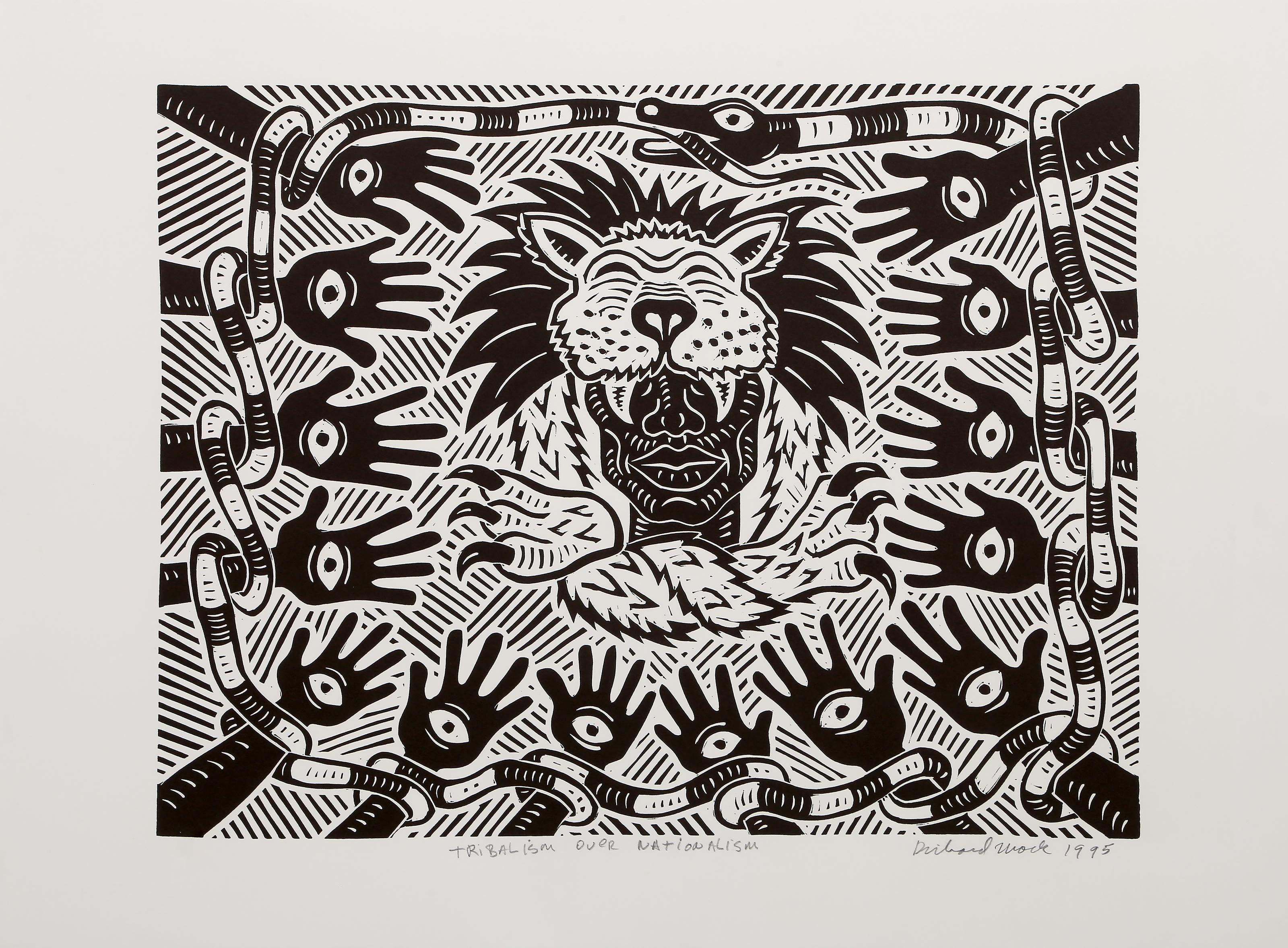 Tribal Art Over Nationalism, linogravure pop art de Richard Mock en vente 2