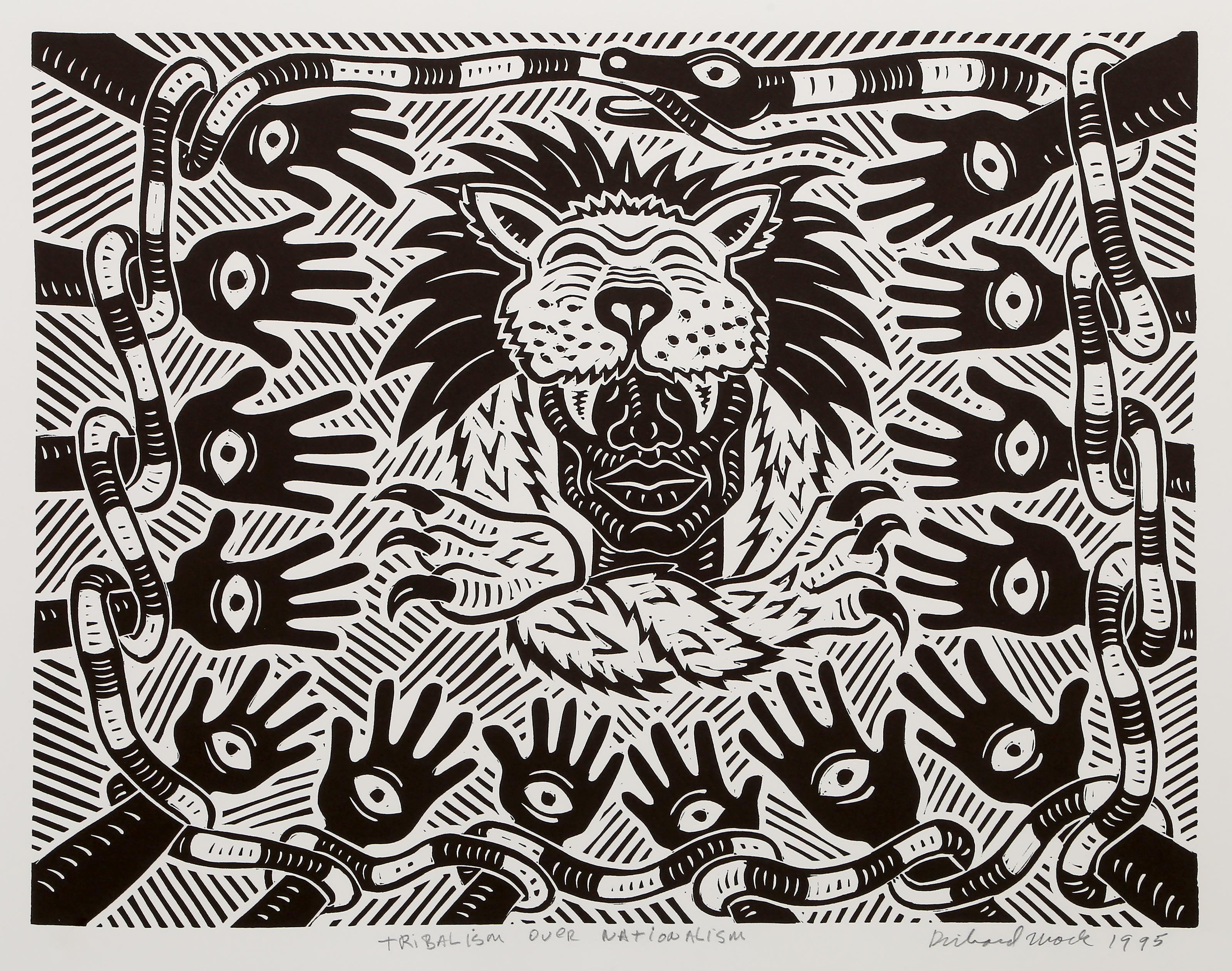 Tribal Art Over Nationalism, linogravure pop art de Richard Mock